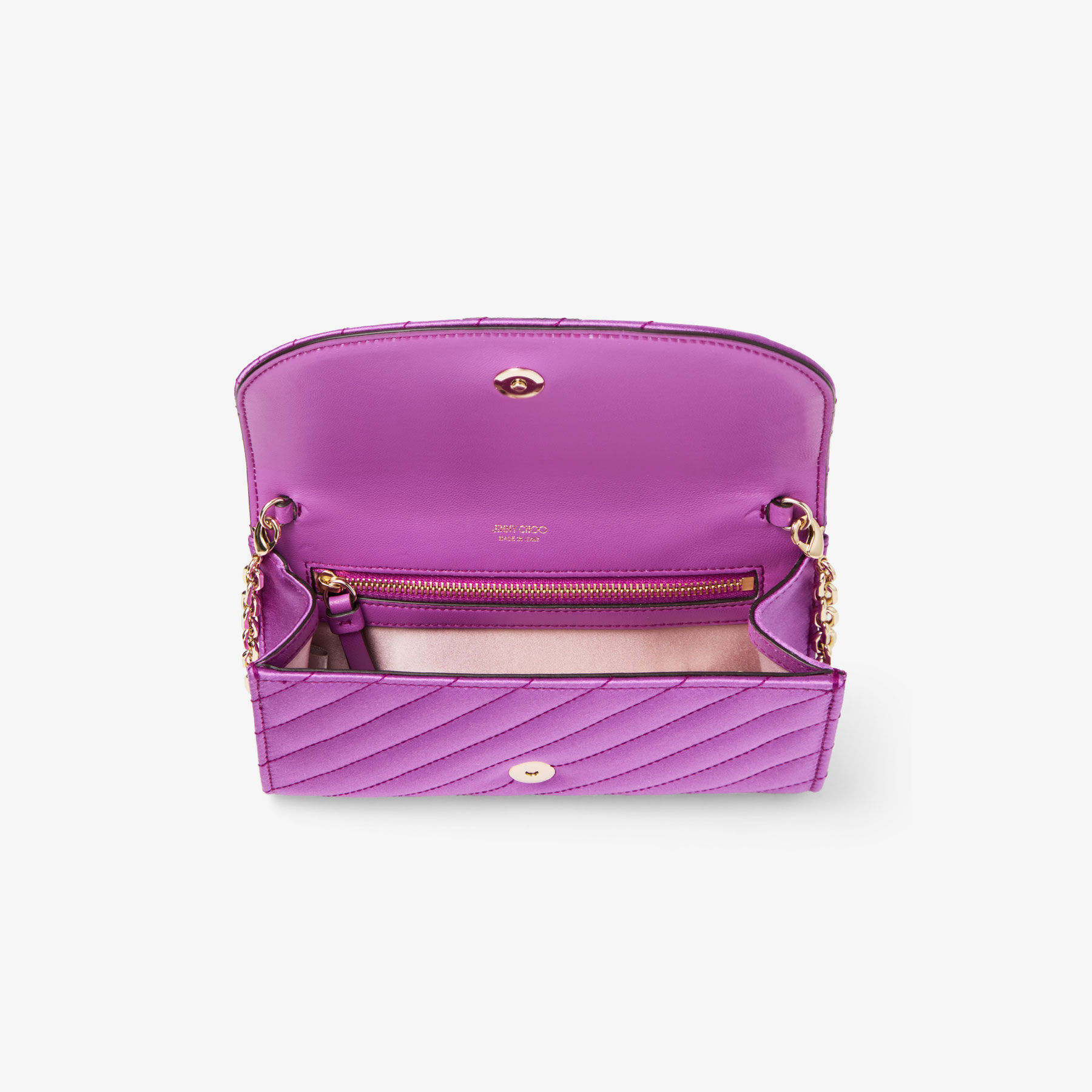 Curve Wallet With Chain | Violet Orchid Quilted Satin Wallet Chain