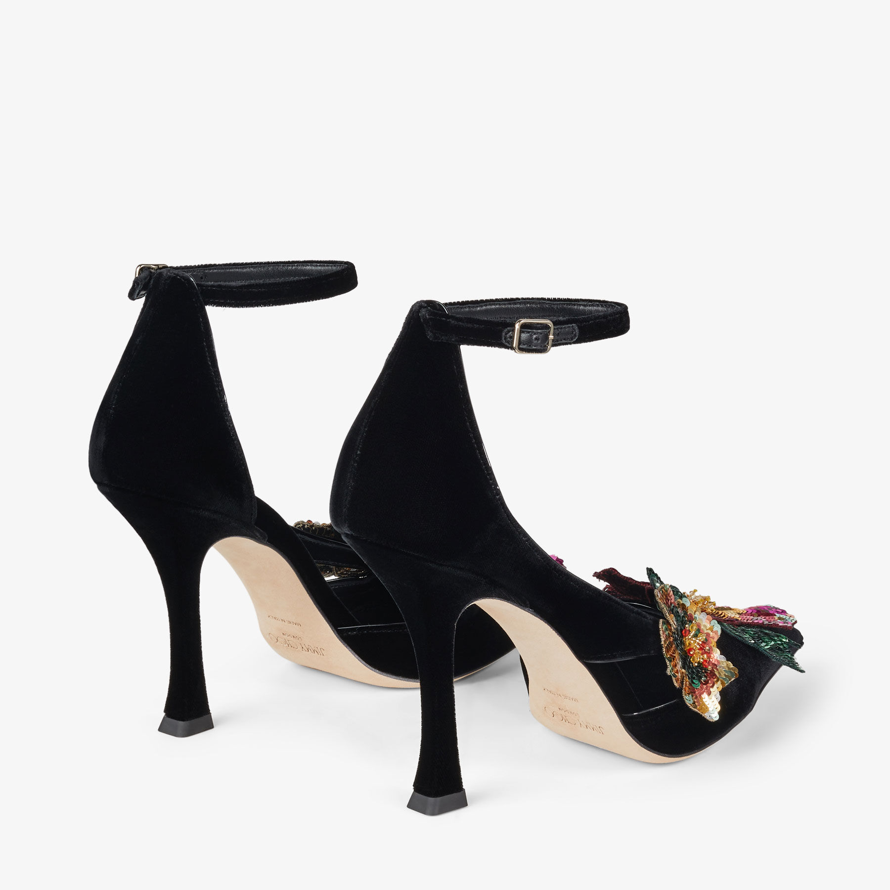 AZARA 100 | Black Velvet Pumps with Sequin Flowers | New