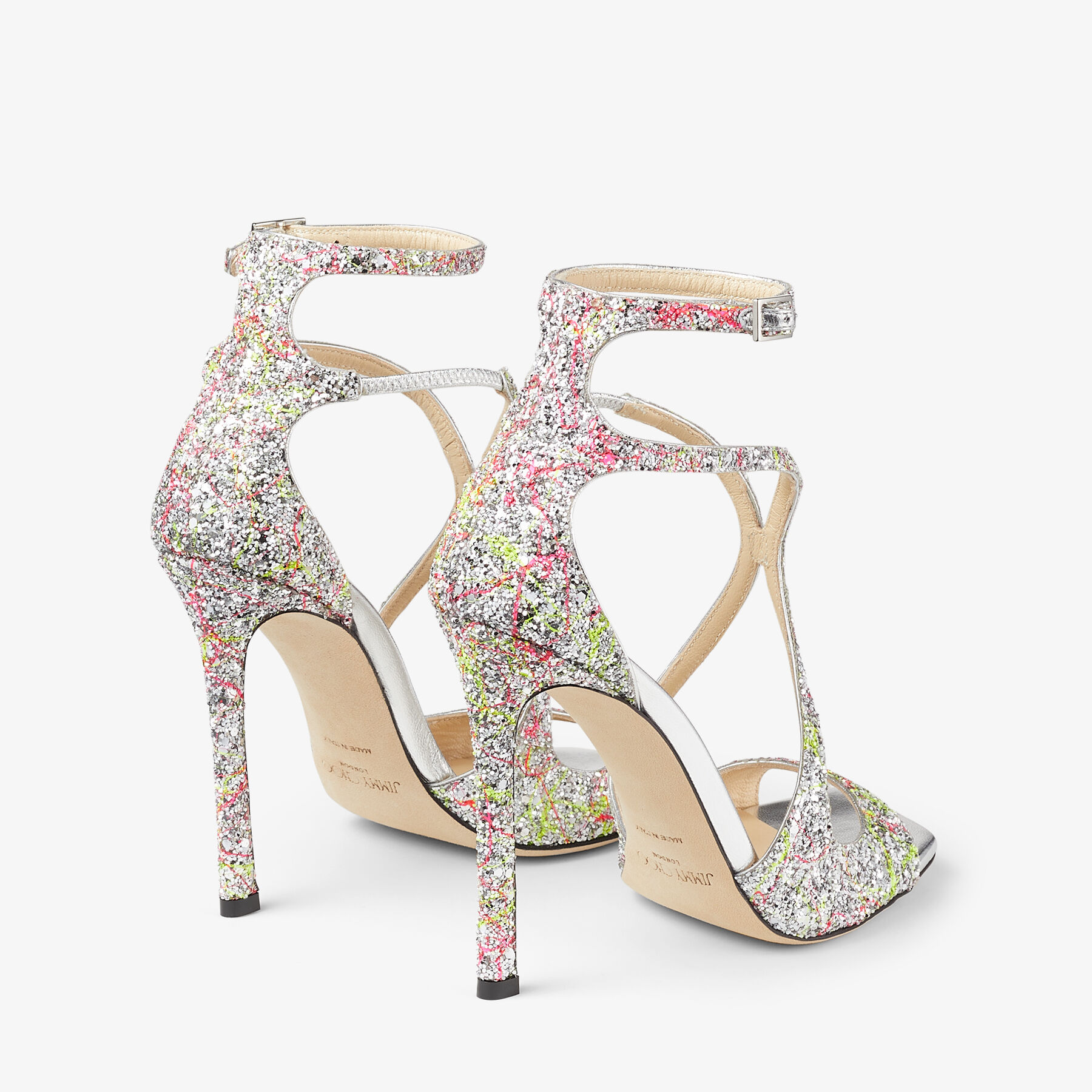 JIMMY CHOO の靴♪ ★AZIA★ 110mm【多色在庫】 AZIA 110 | Splattered Coarse Glitter Fabric Sandals | Winter