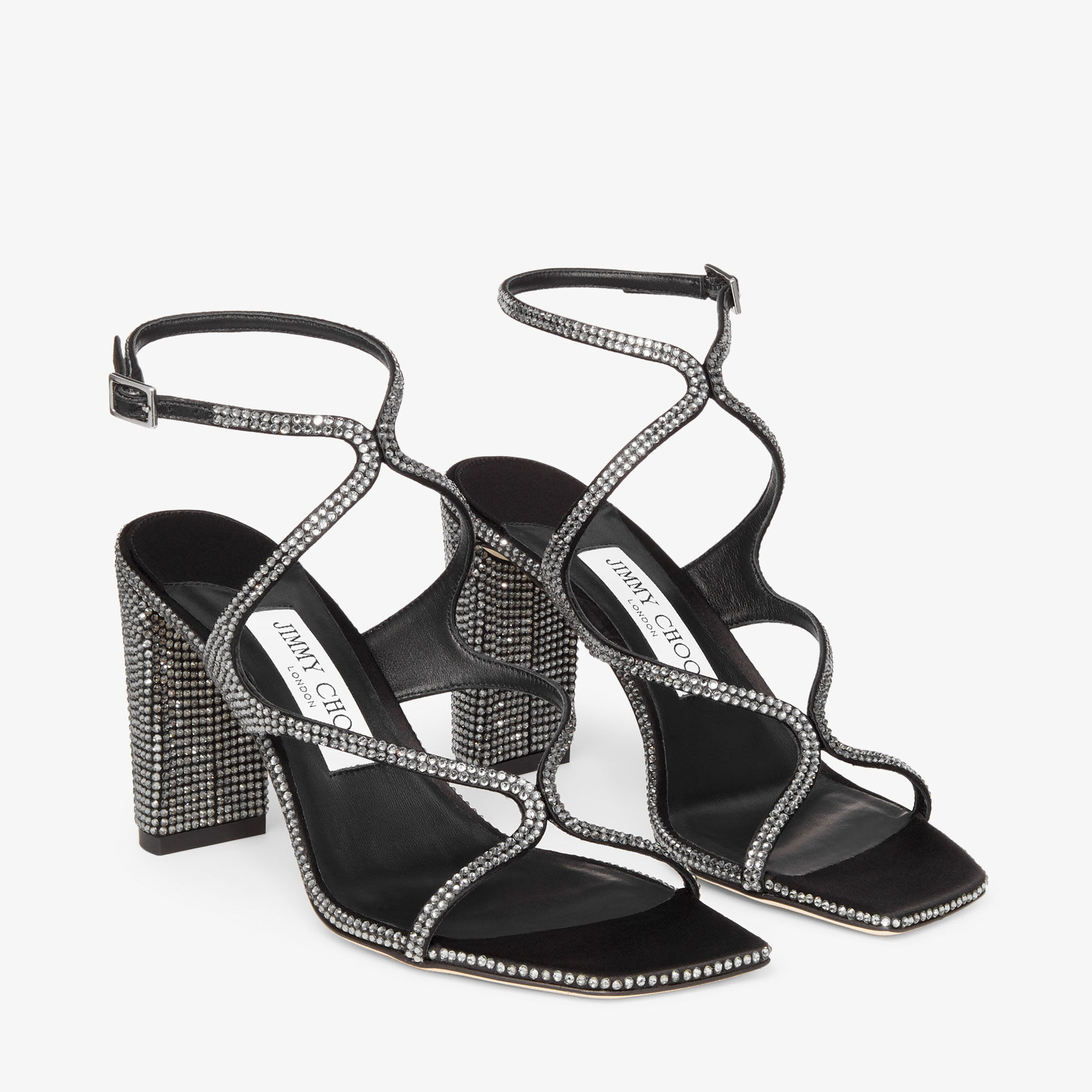70%オフセールJIMMY CHOO AZIE85 WITH CRYSTALS Azie 85|Black/Smoke Satin Crystal Sandals| JIMMY CHOO