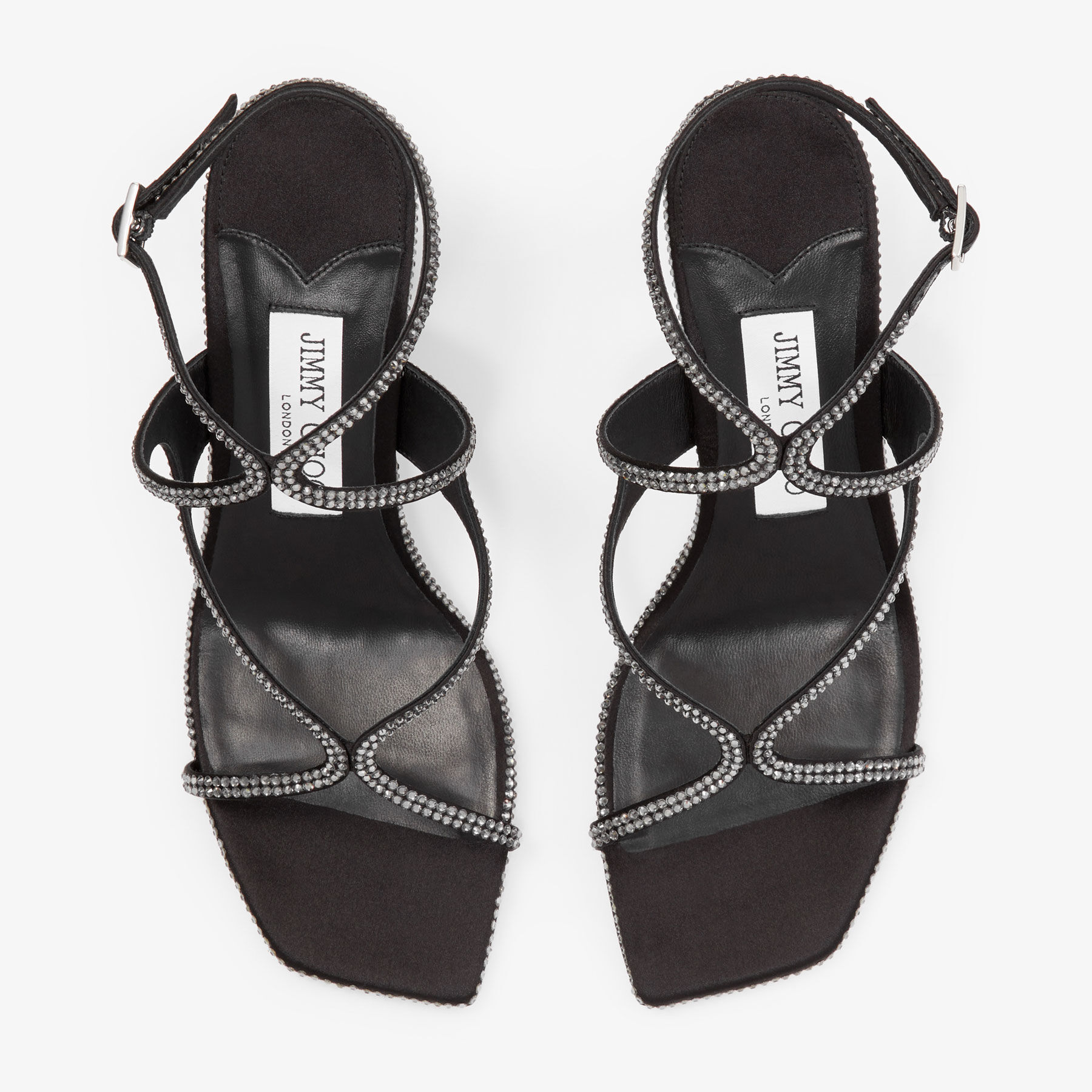 Azie 85|Black/Smoke Satin Crystal Sandals| JIMMY CHOO