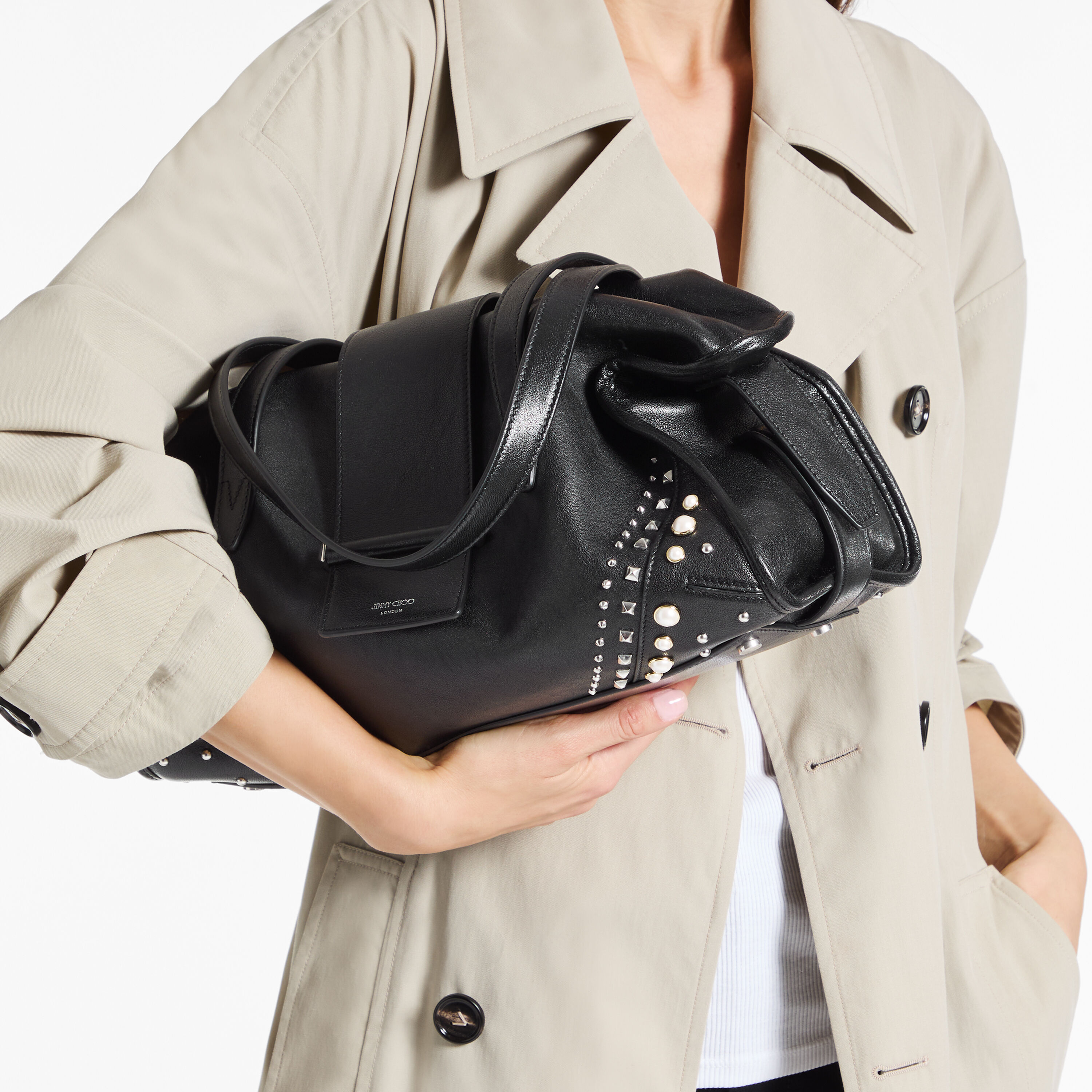 Bar Holdall Medium | Black Biker Leather Holdall Bag with Pearl