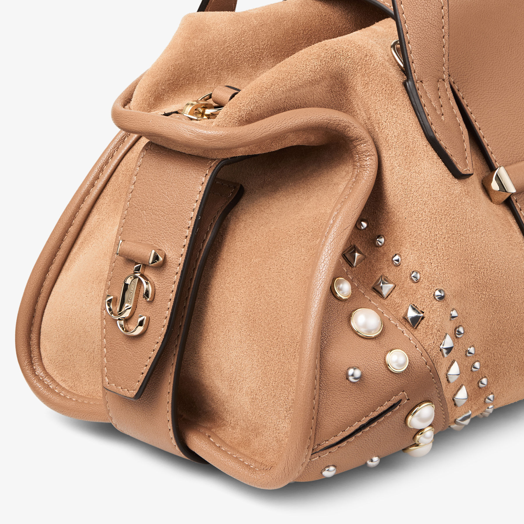 さとみブラウン Bar Holdall Small | Toffee Suede Holdall Bag with Biker Leather
