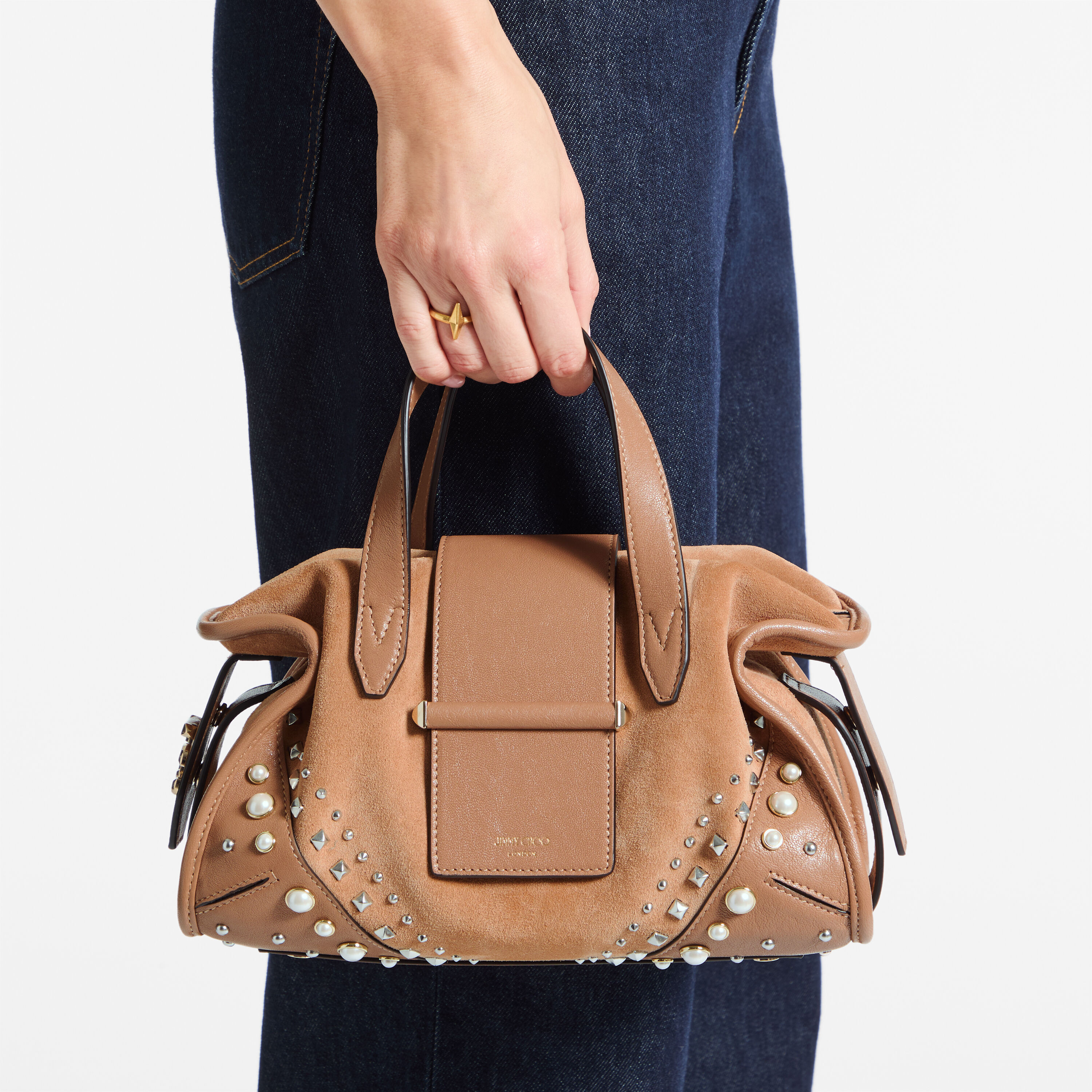 Bar Holdall Small | Toffee Suede Holdall Bag with Biker Leather