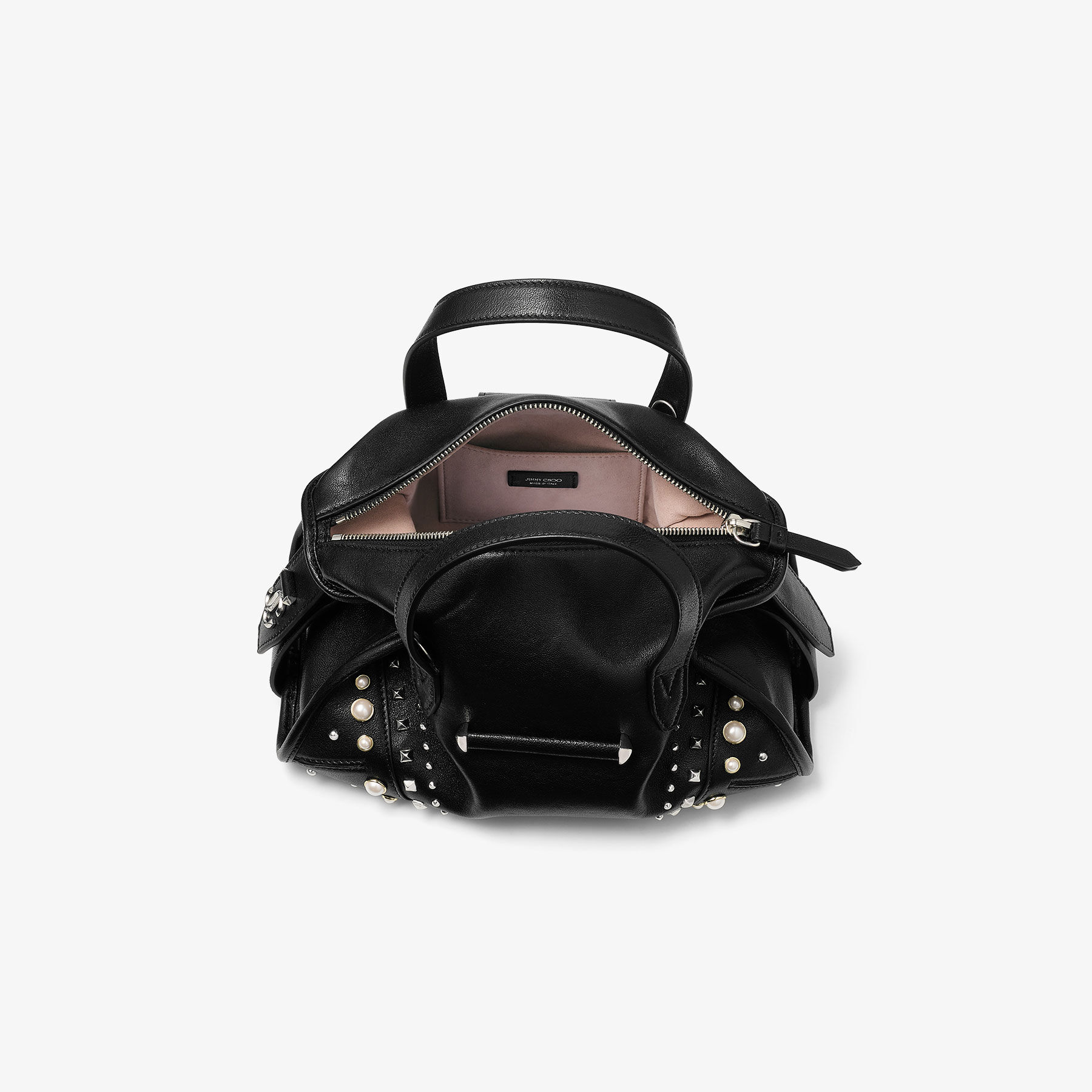 Bar Holdall Small | Black Biker Leather Holdall with Pearl Studs