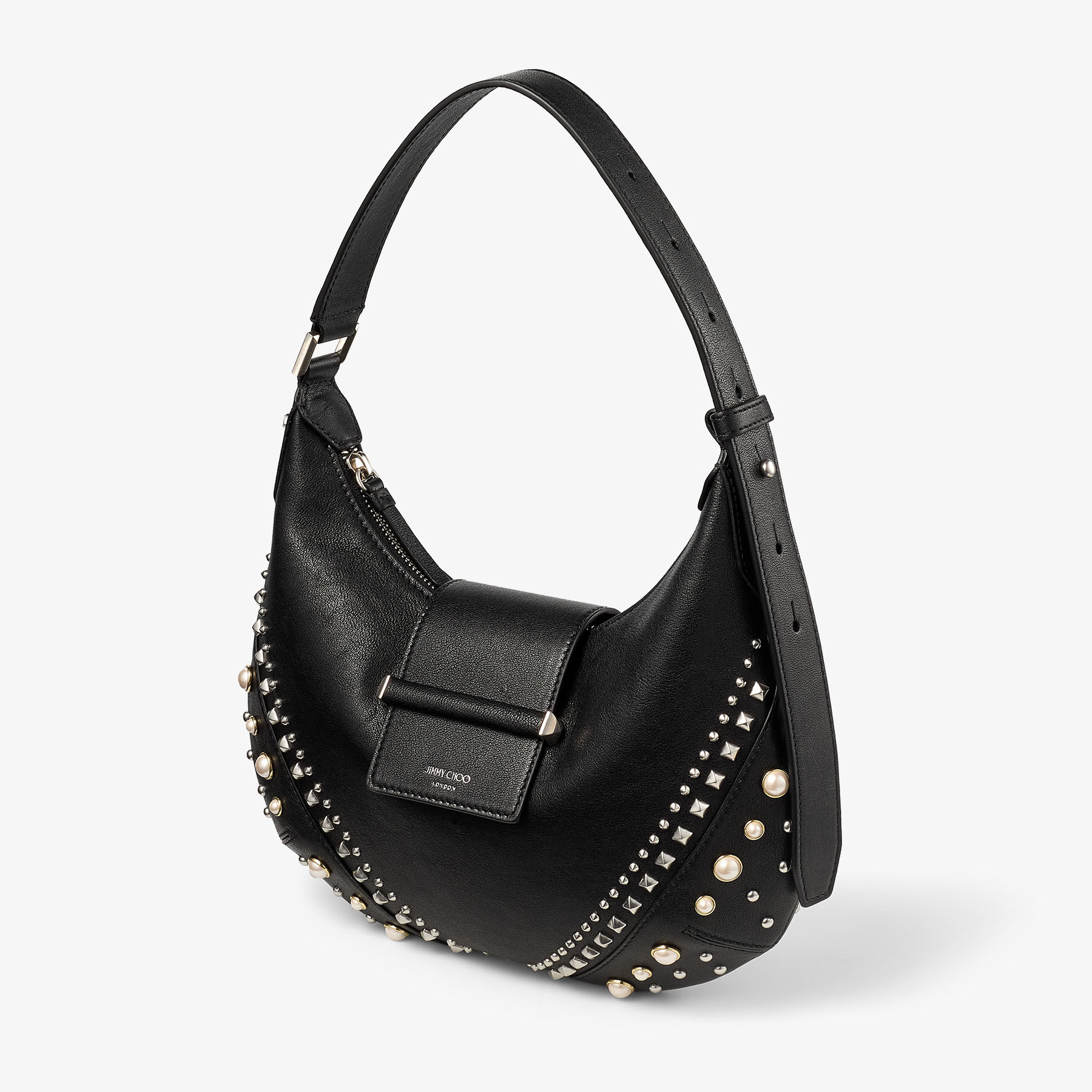 Bar Hobo Small | Black Biker Leather Shoulder Bag with Pearl Studs