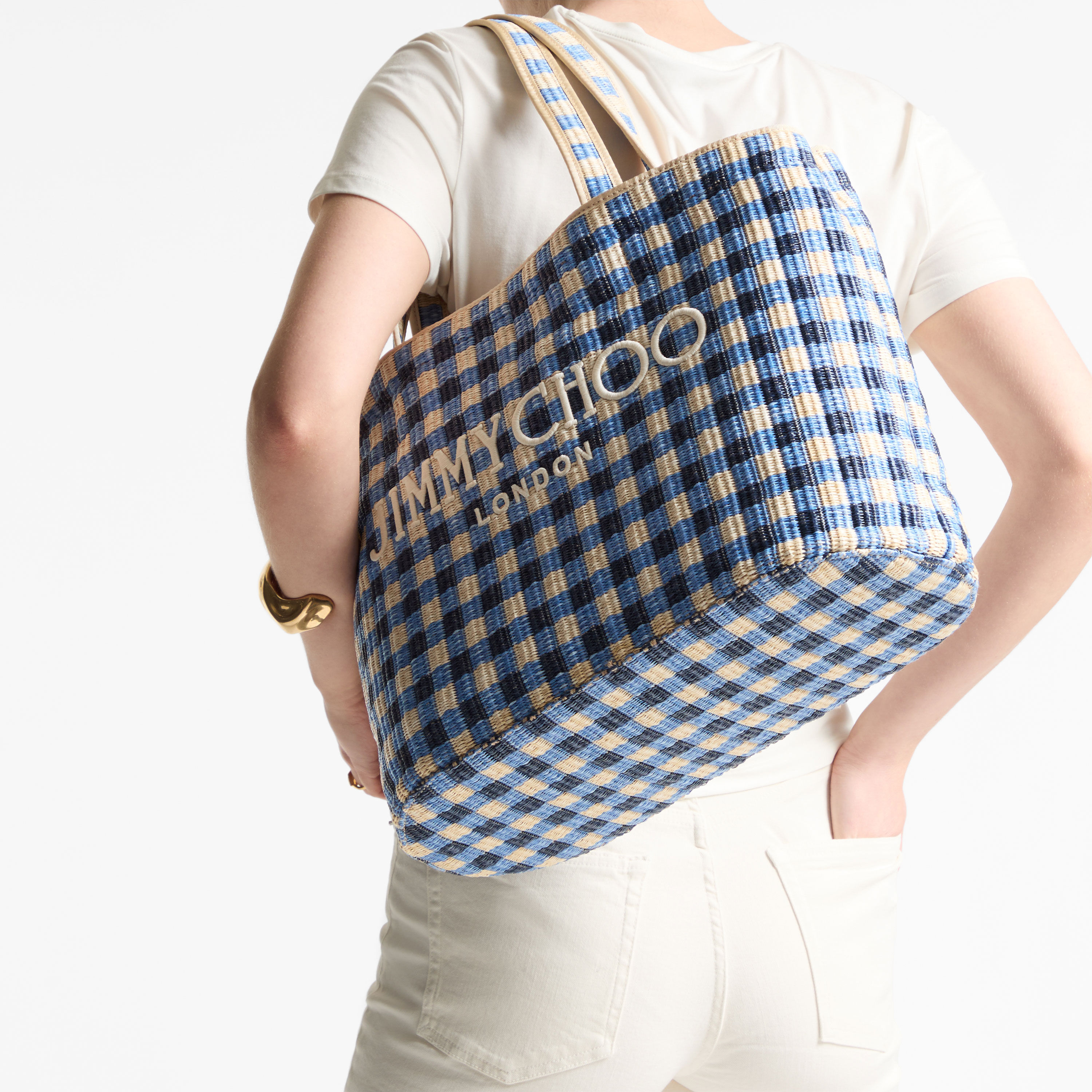 Beach Tote East-West | Marine Mix and Ecru Gingham Raffia Beach