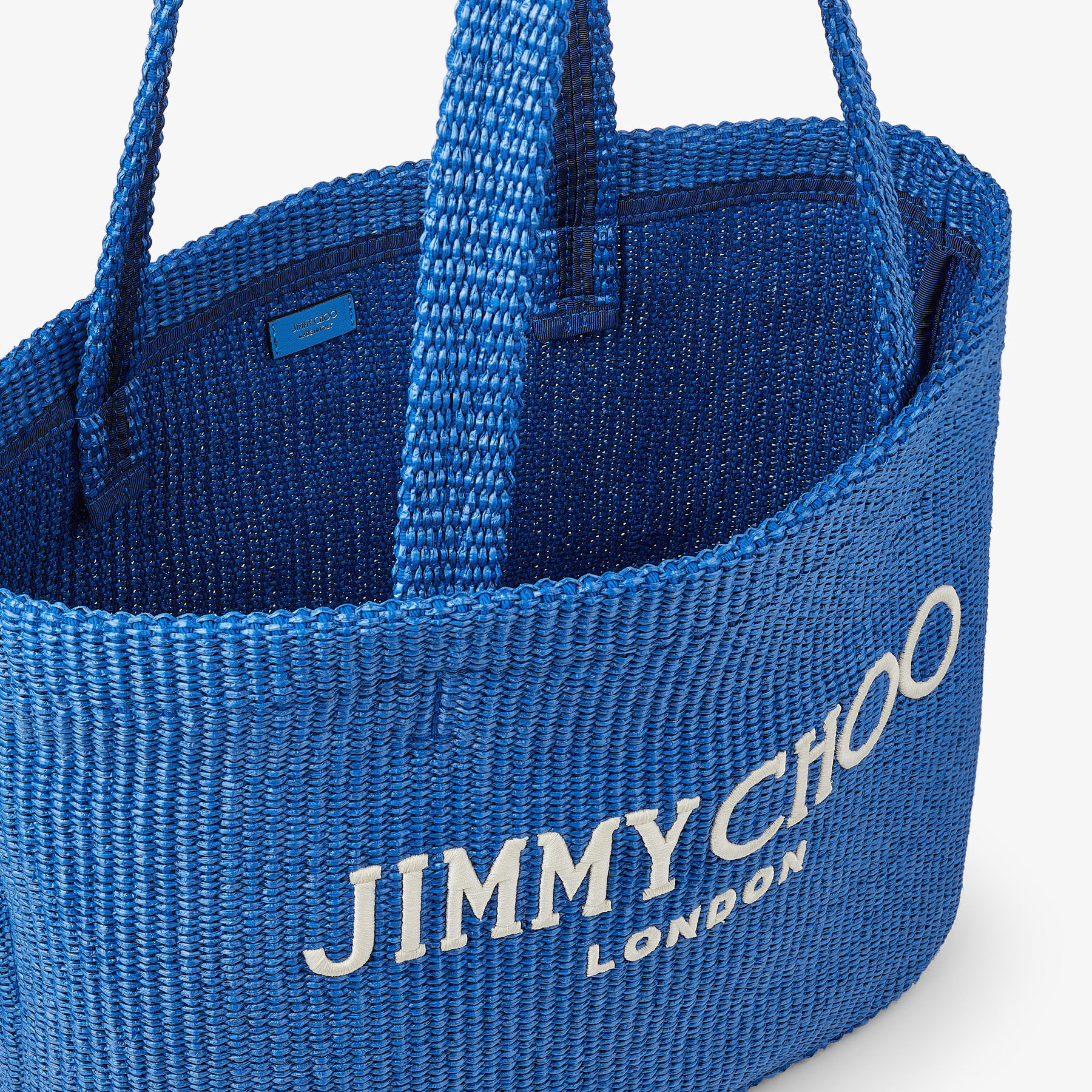 Jimmy Choo Canvas Logo トートバッグ Smoky Blue Beach Tote E/W | Smoky Blue Raffia Embroidered Tote Bag