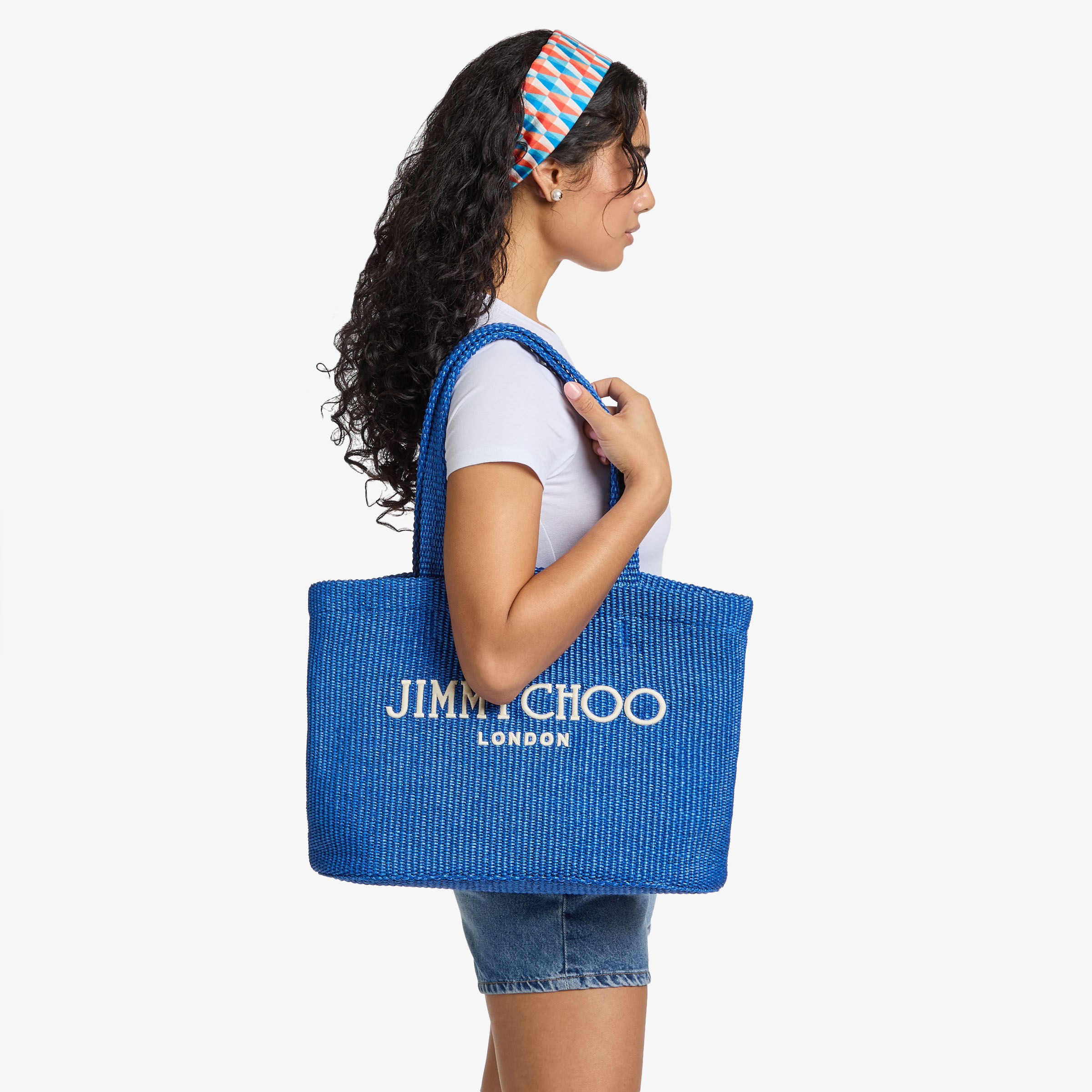 Beach Tote E/W | Smoky Blue Raffia Embroidered Tote Bag