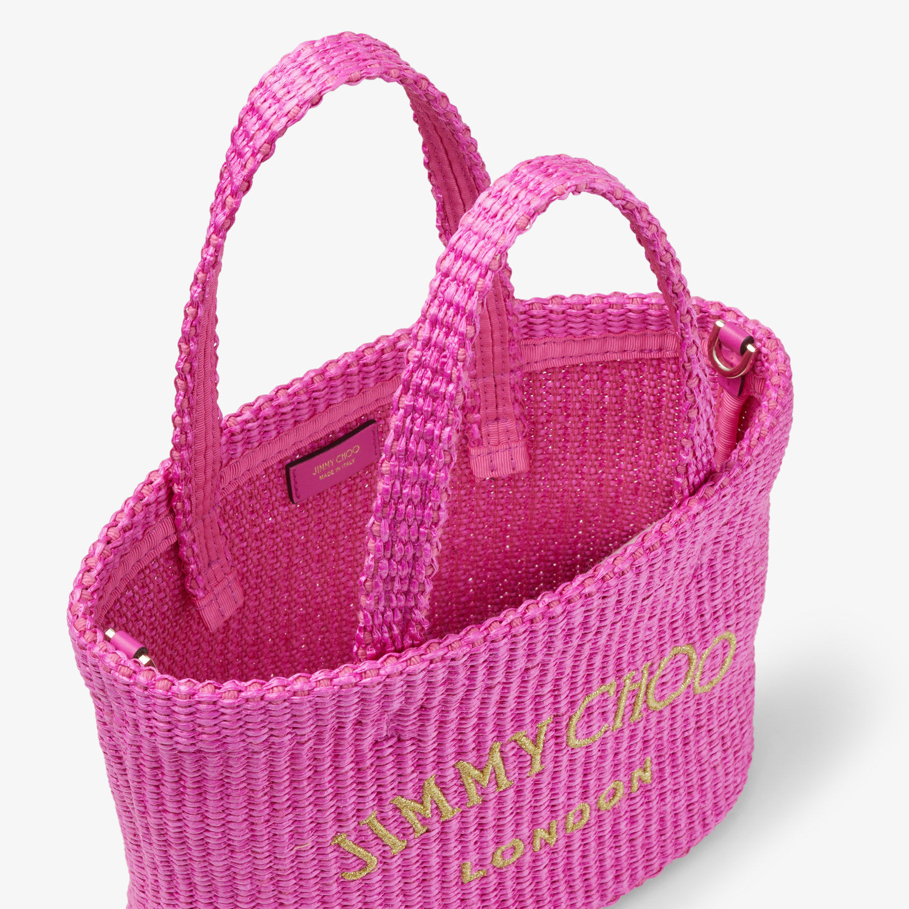 Fuchsia Raffia Mini Tote Bag with Jimmy Choo Embroidery
