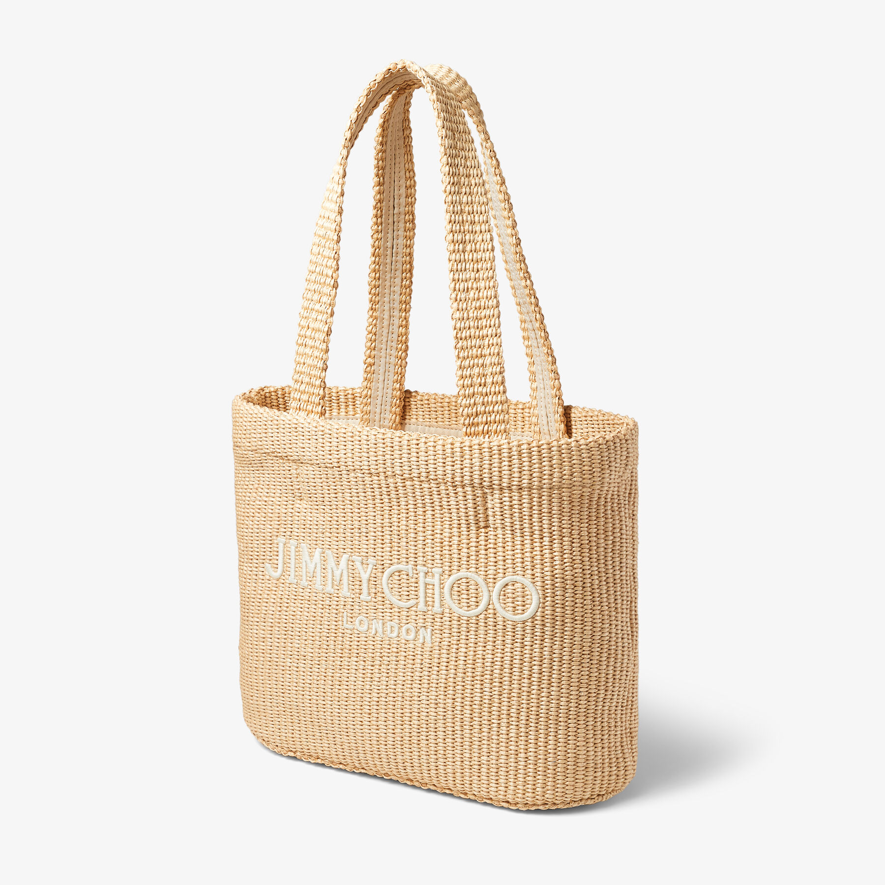 【Jimmy Choo】Latte 刺繍入り Natural ラフィア・トートバッグ Beach Tote E/W M | Natural/Latte Raffia Embroidered Tote Bag