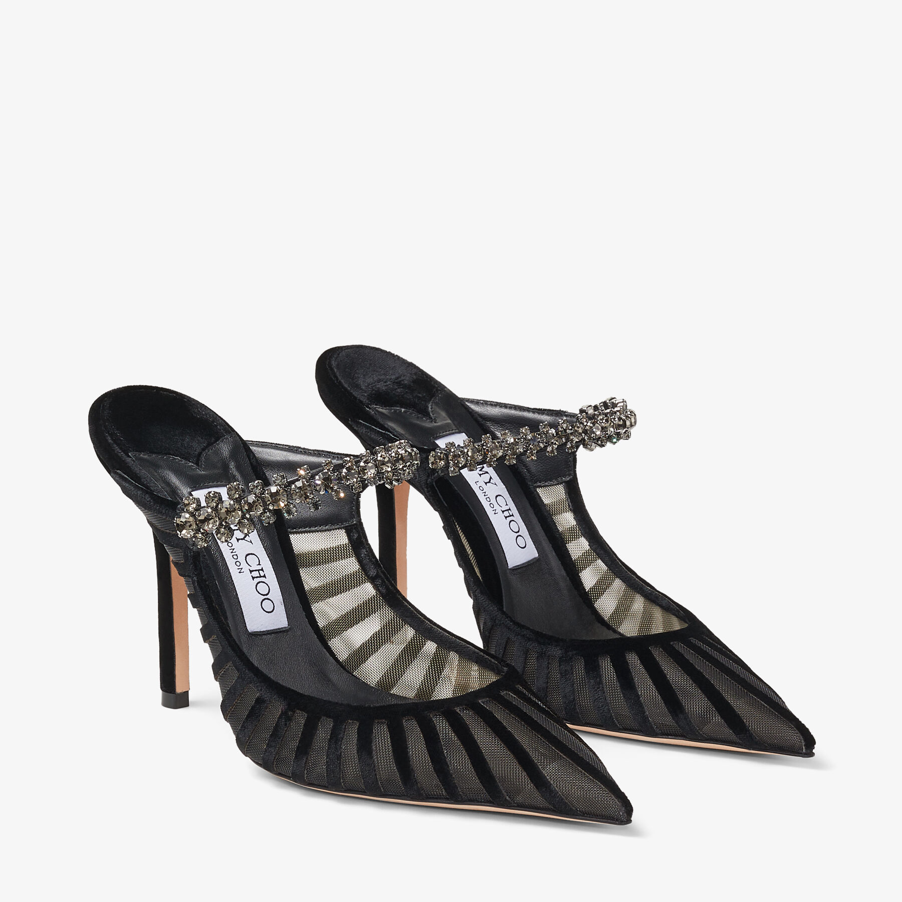 Bing 100 | Black Flocked Velvet Striped Mesh Mules with Bing 100 | Black Flocked Velvet Striped Mesh Mules with