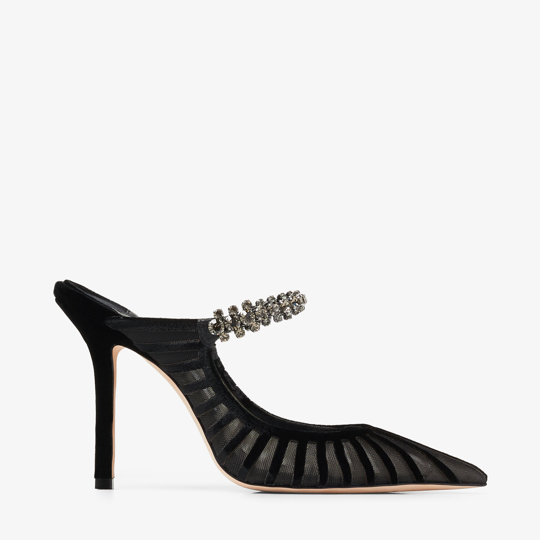 Bing 100 | Black Flocked Velvet Striped Mesh Mules with