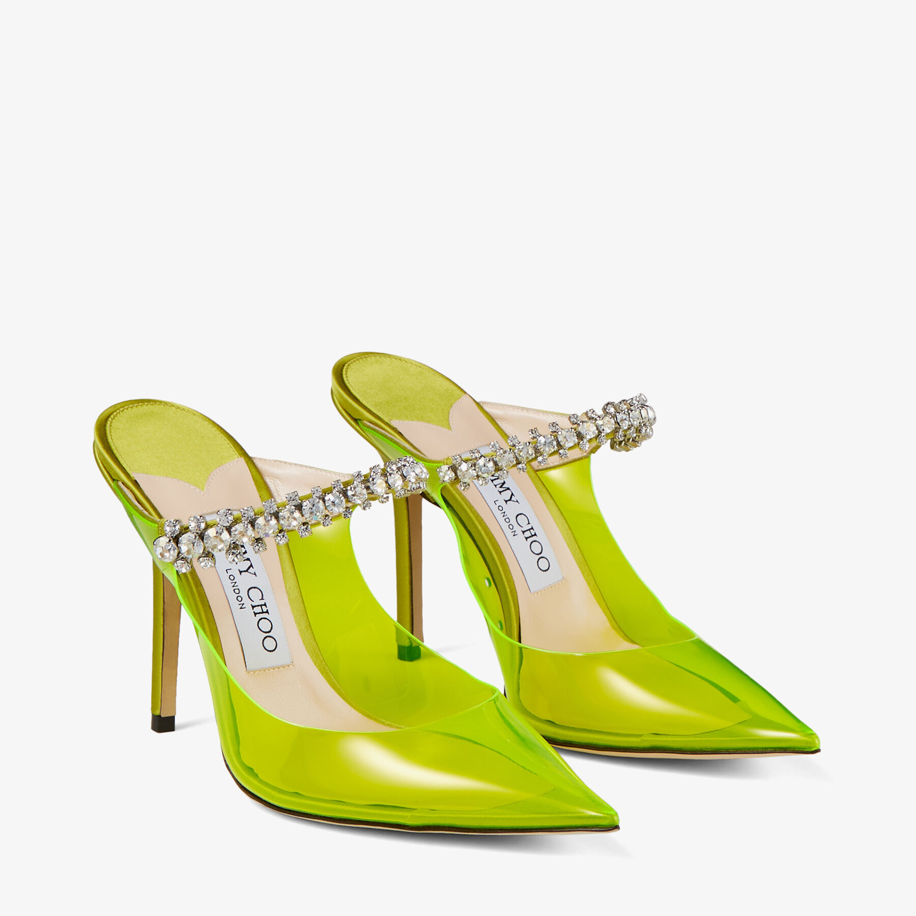 Neon Yellow Plexi Mules with Yellow Crystal Strap | BING 100
