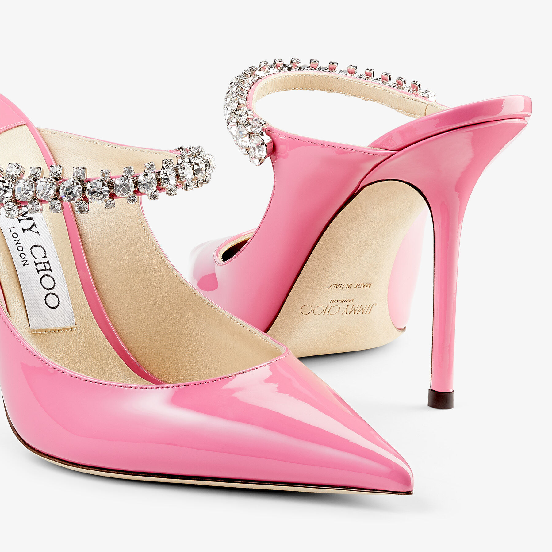 【関税込み】Jimmy Choo ピンク Bing 100 ミュール Bing 100 | Ballet Pink Patent Leather Mules with Crystal