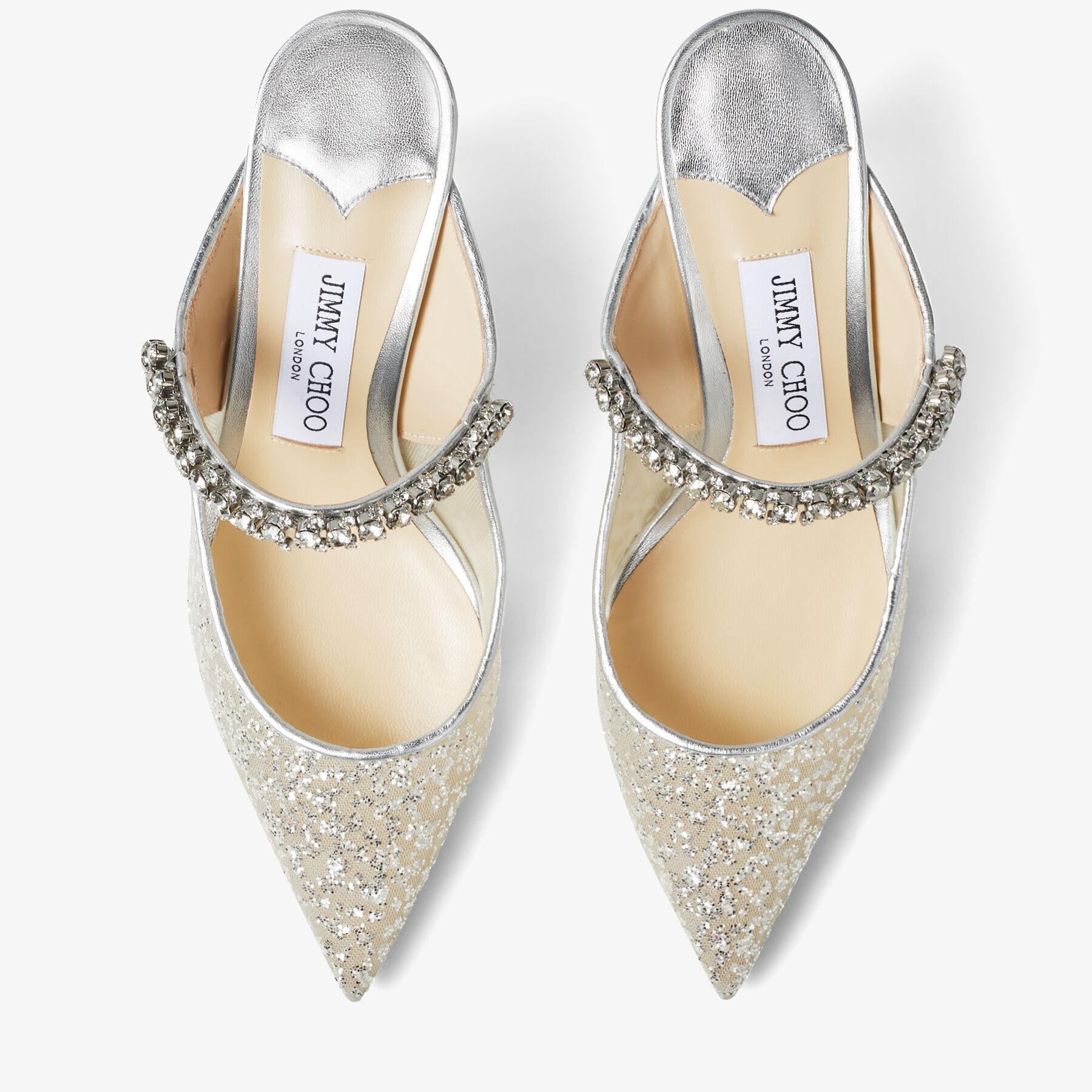 サンダル・ミュール JIMMY CHOO BING 65 CRYSTAL STRAP GLITTER HEEL MULES Bing 65 | Ballet Pink Patent Leather Mules with Crystal