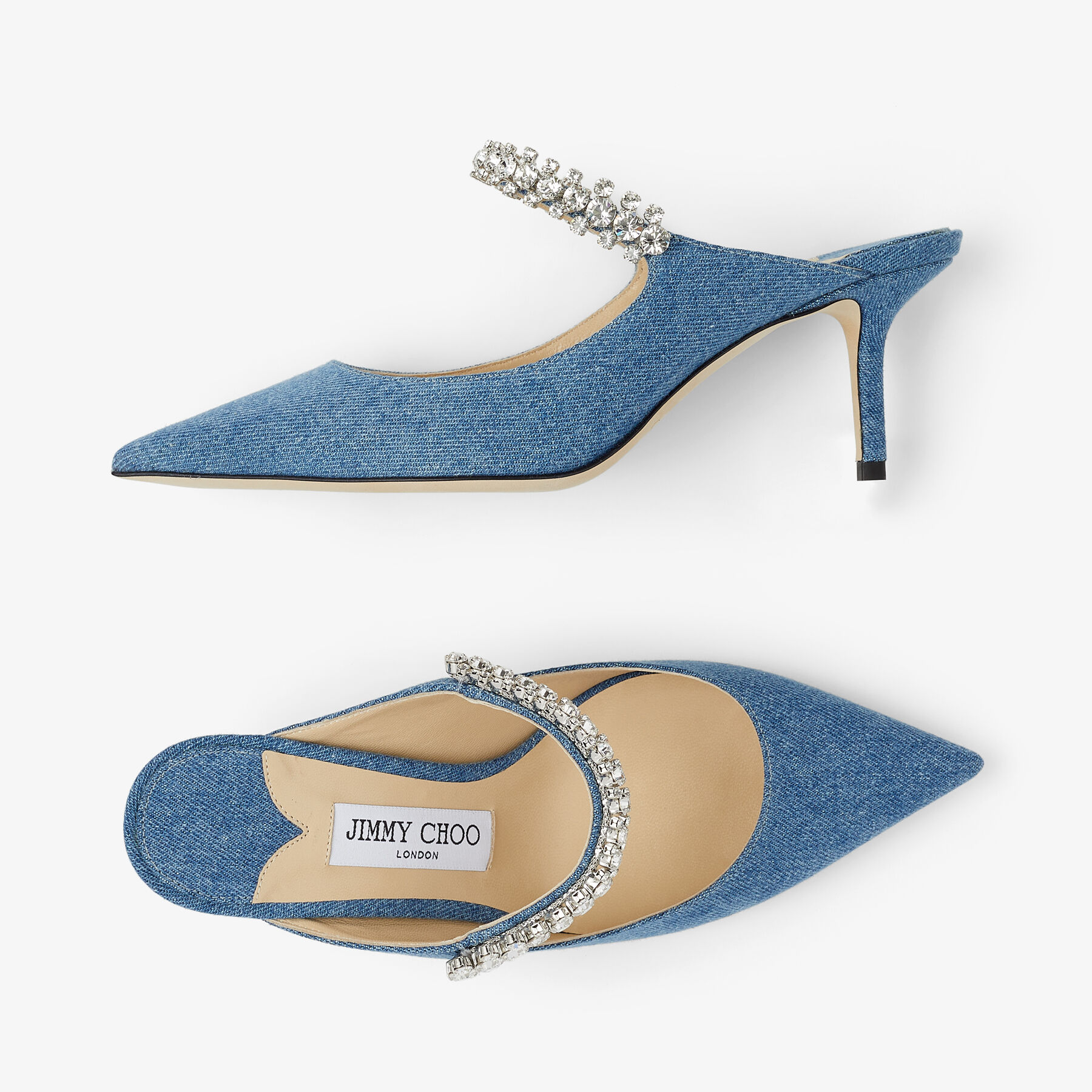 ジミーチュウ Bing 65 デニムミュール Jimmy Choo mule BING 65 | Denim Mules with Crystal Strap | Winter 2022