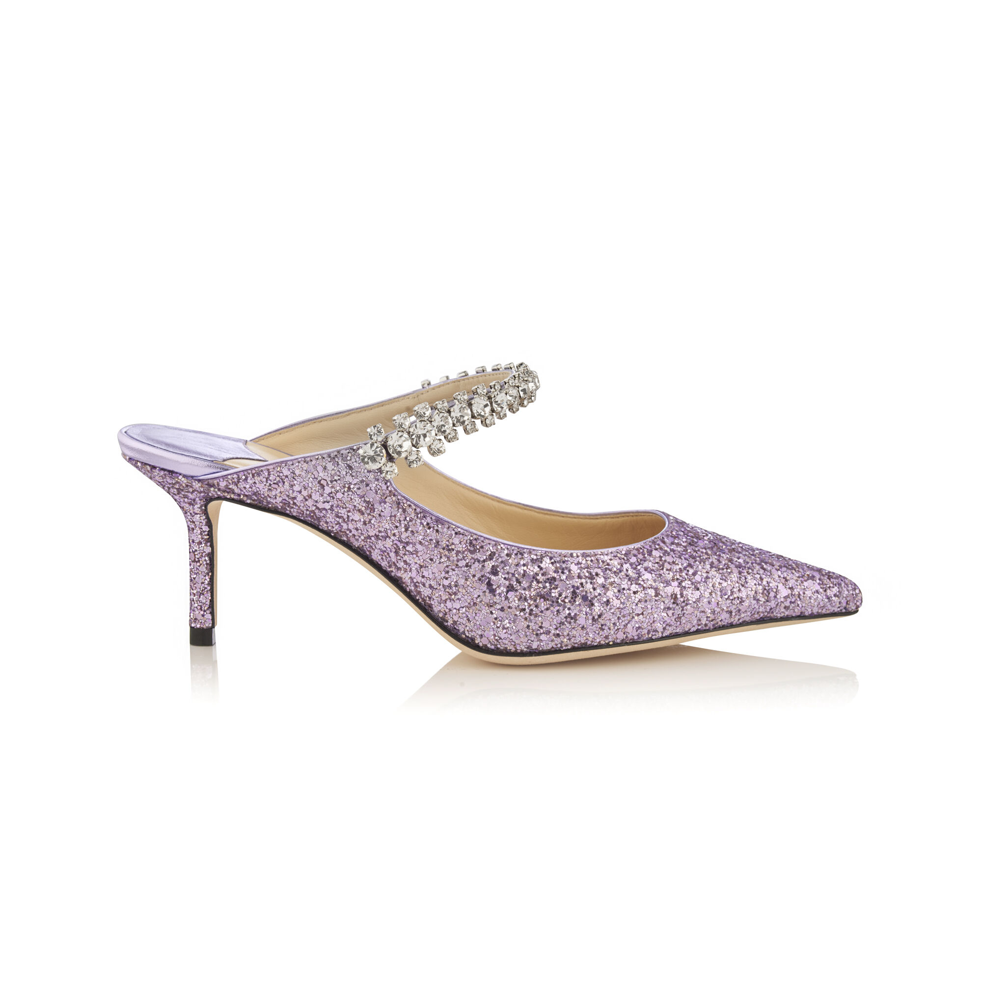 サンダル・ミュール JIMMY CHOO BING 65 CRYSTAL STRAP GLITTER HEEL MULES Bing 65 | Ballet Pink Patent Leather Mules with Crystal