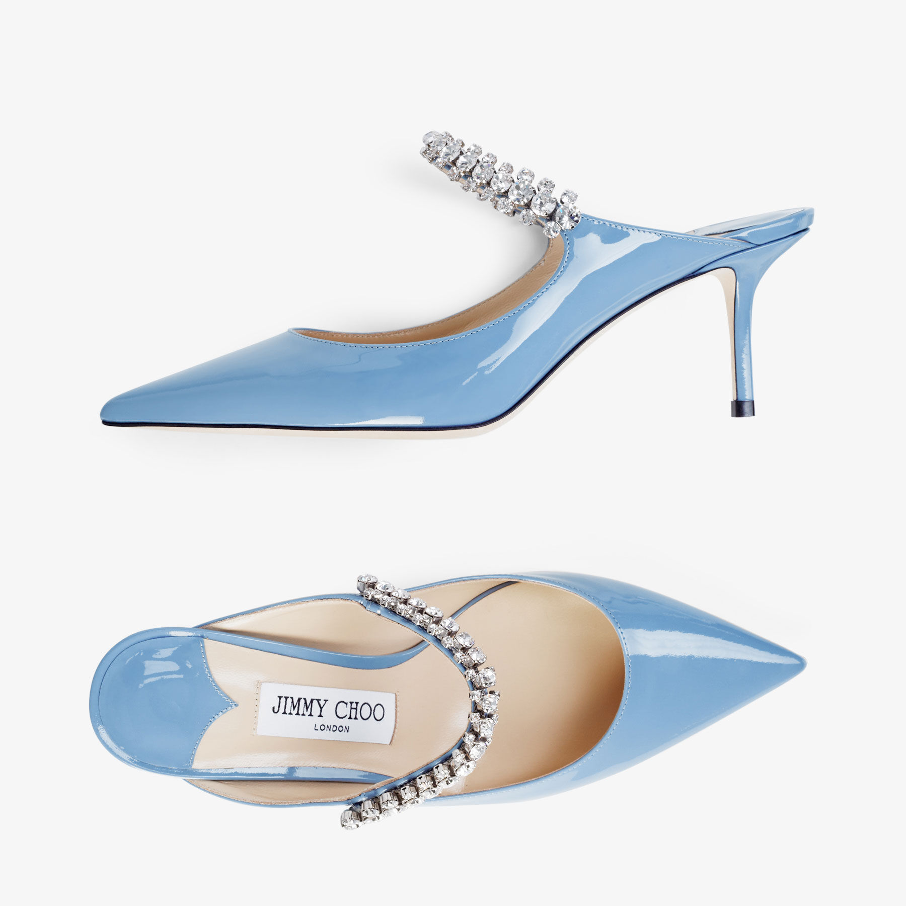 Bing 65 | Smoky Blue Patent Leather Mules with Crystal Strap