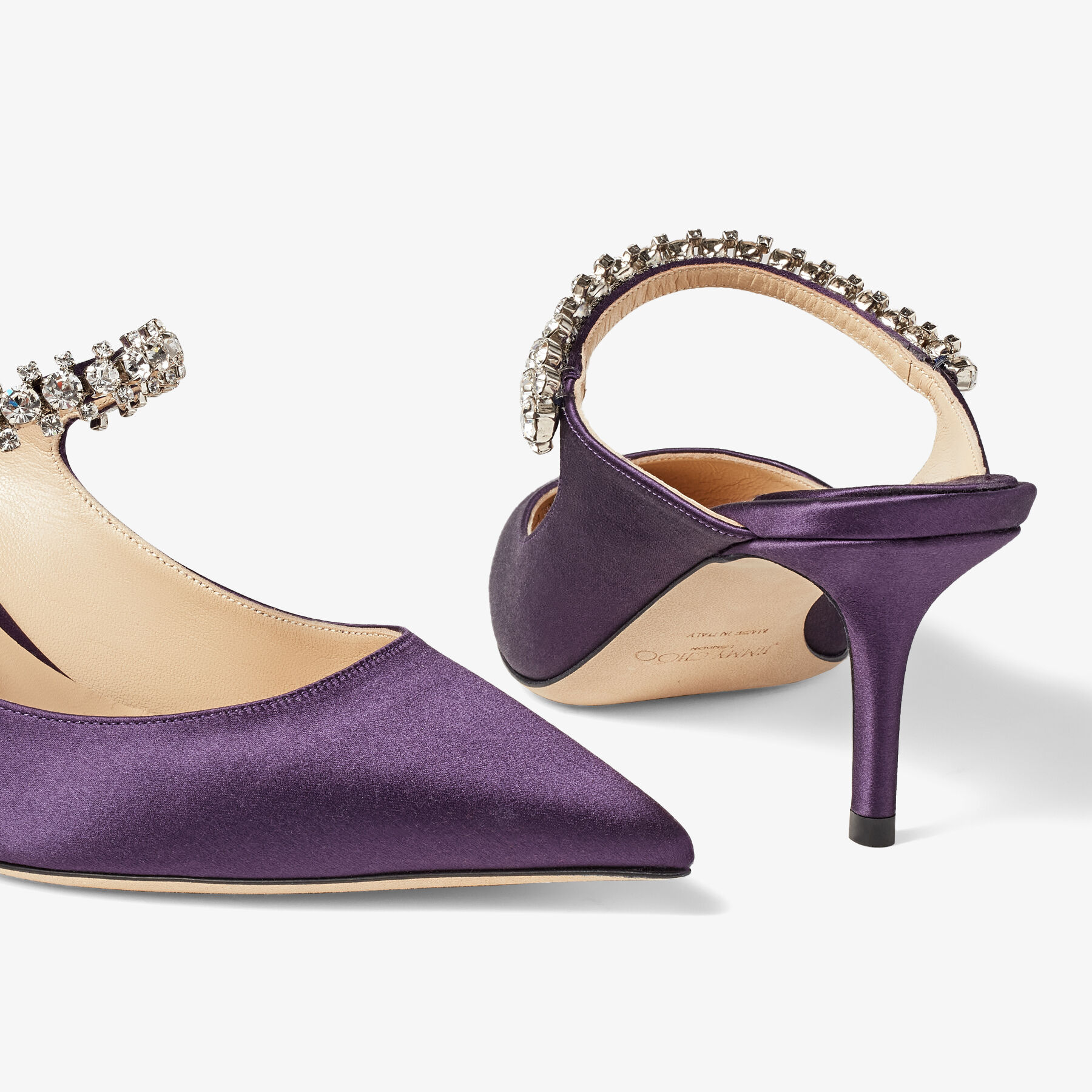 【JIMMY CHOO】Bing 65 - Satin - Ultraviolet★関税送料込み Bing 65 | Cassis Satin Mules with Crystal Strap | JIMMY CHOO