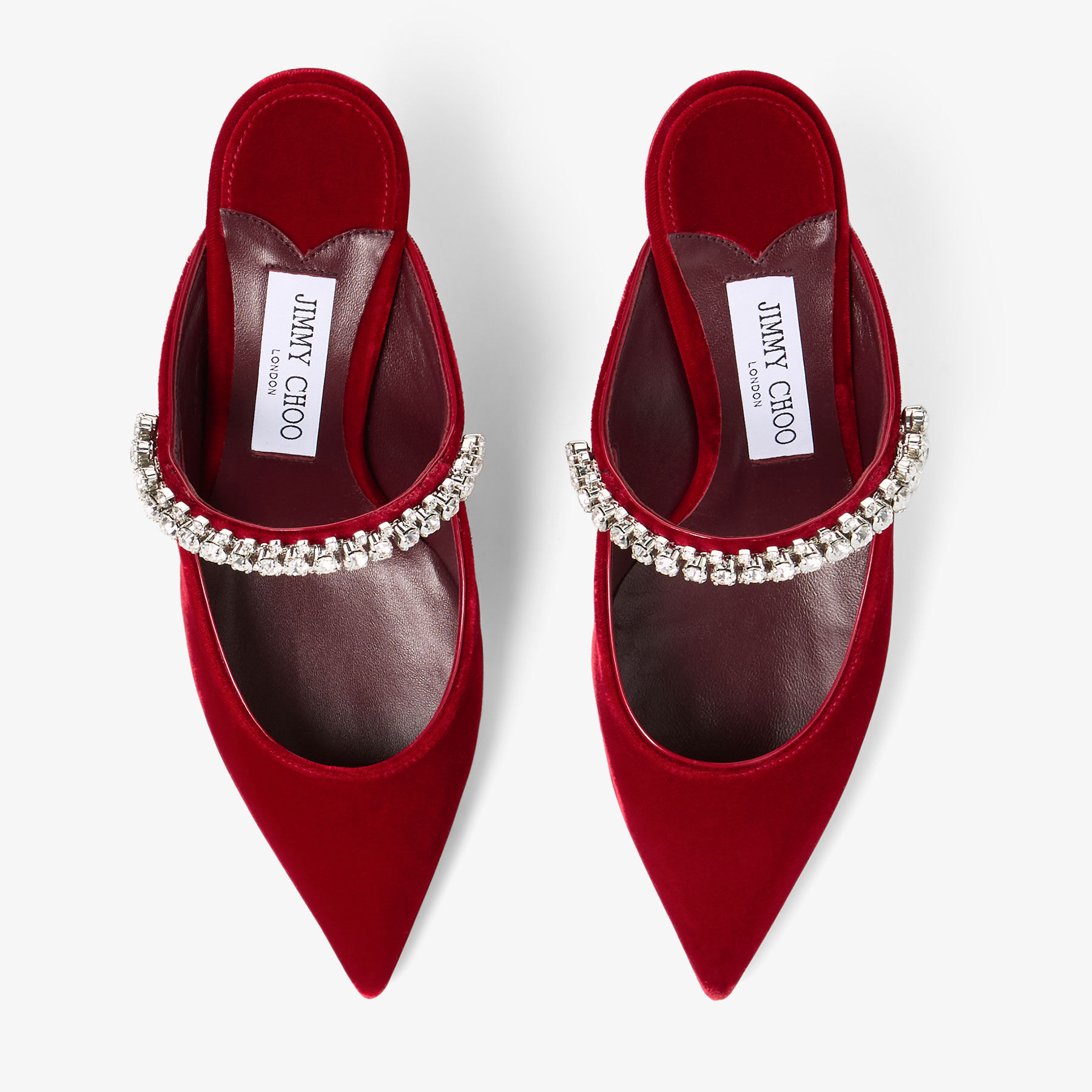 Bing 65 | Ruby Red Velvet Mules with Crystal Embellishment | JIMMY