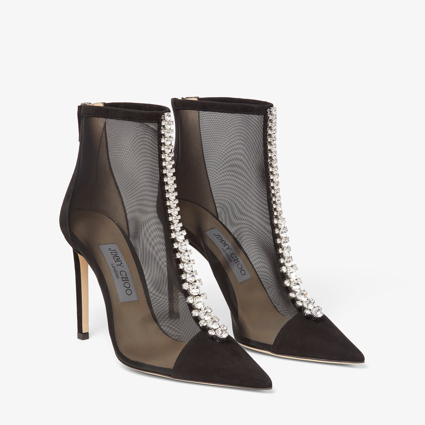Black Suede and Mesh Ankle Boots with Crystal Embellishment