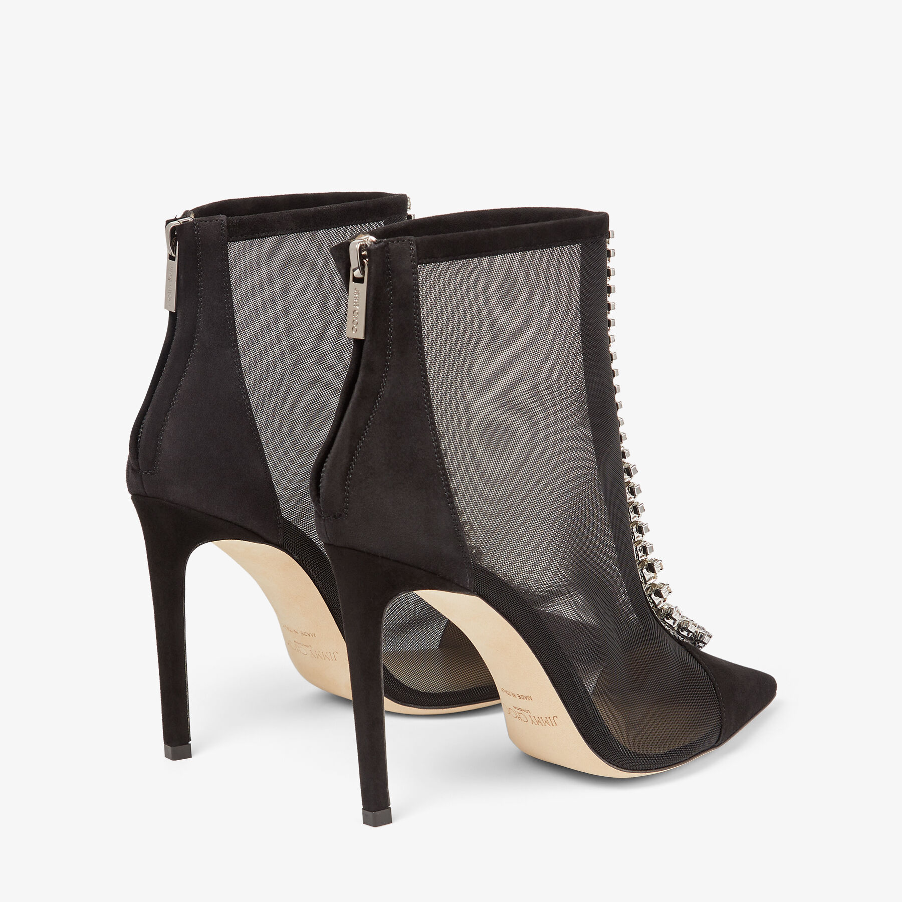 Black Suede and Mesh Ankle Boots with Crystal Embellishment