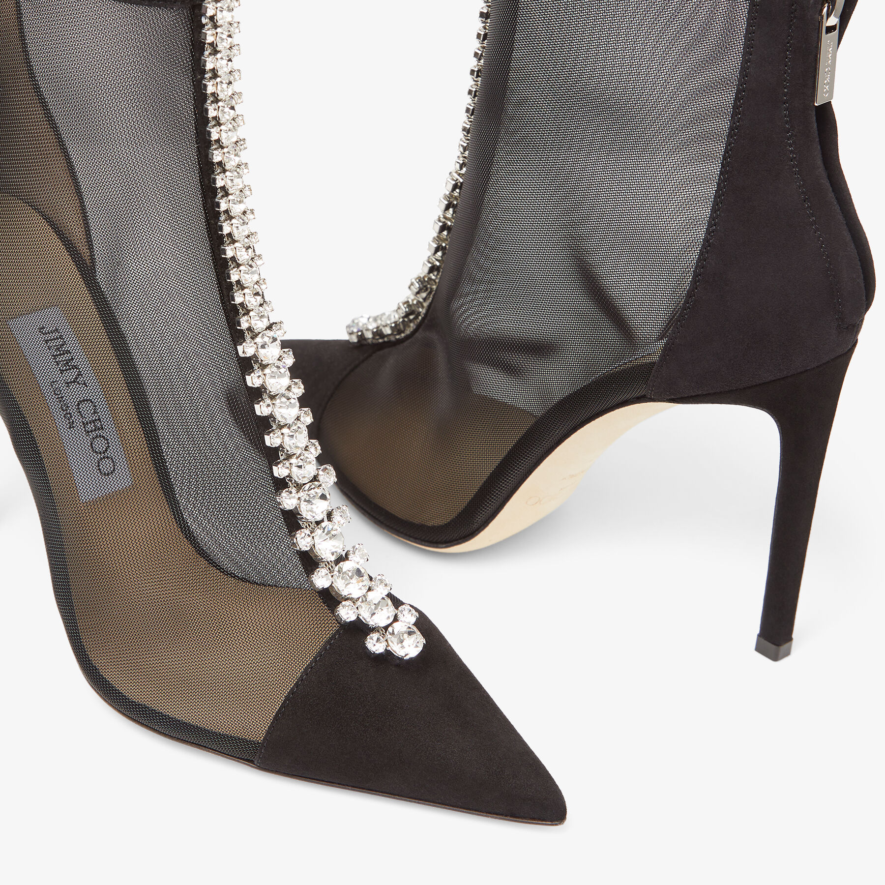 Black Suede and Mesh Ankle Boots with Crystal Embellishment