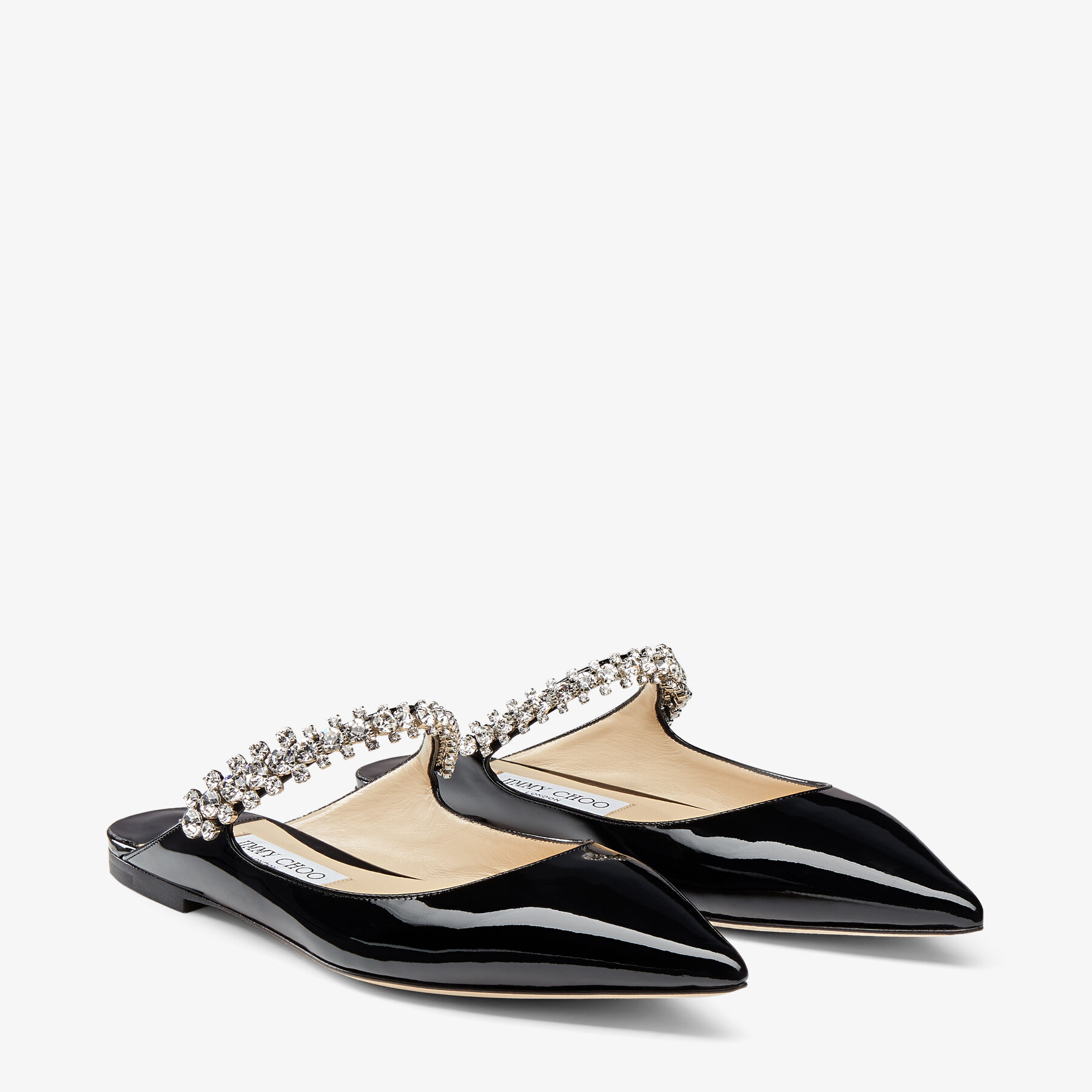 大人気定番商品 Bing Flat | Black Patent Leather Mules with Crystal Strap 靴