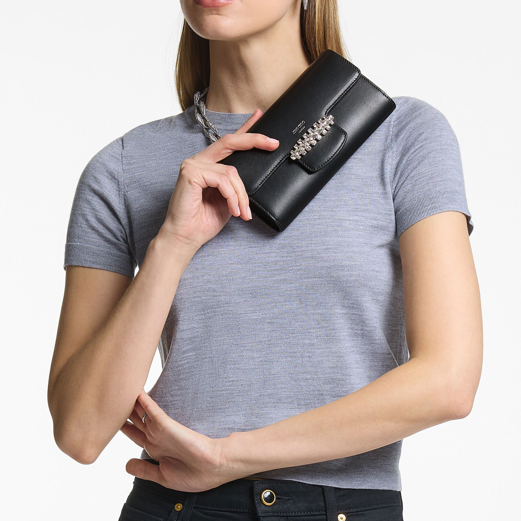 【Jimmy Choo】レディース ビングウォレットチェーン Bing Wallet Chain |Black Leather Mini Shoulder Bag with