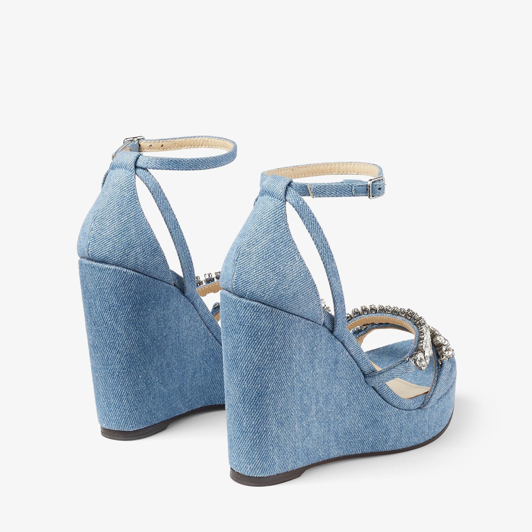 クリスタル★Jimmy Choo BING 120 ウェッジサンダル DENIM BING WEDGE 120 | Denim Wedges with Crystal Straps | Winter