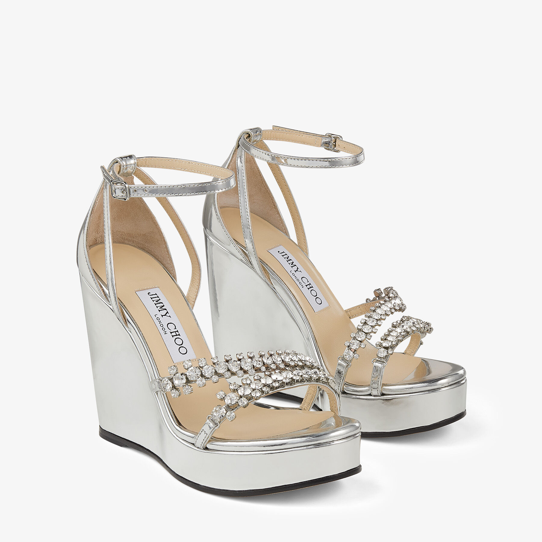 Silver Liquid Metal Leather Wedges with Crystal Straps