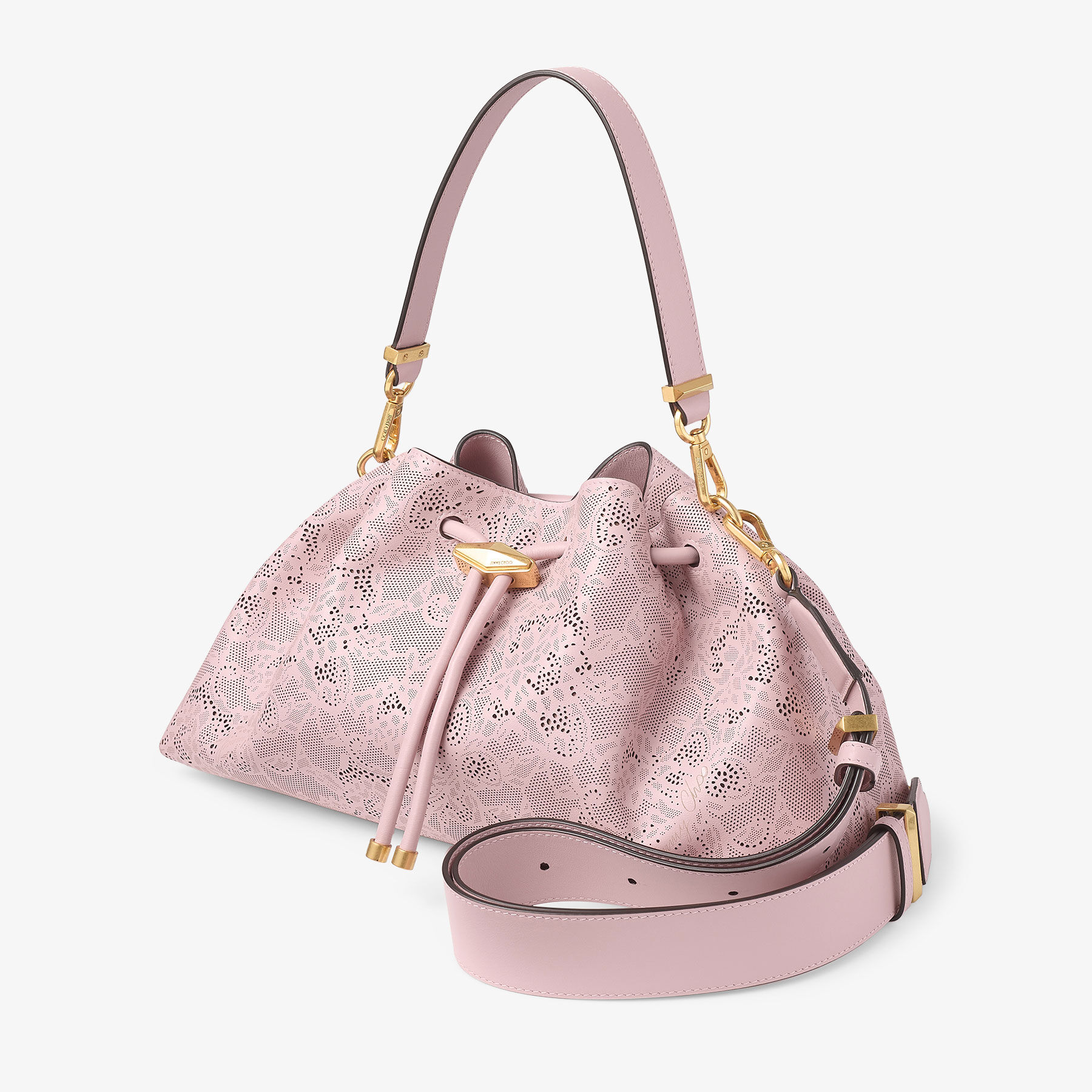Cinch Medium | Rose Jimmy Choo Perforated Leather Lace Bucket Bag
