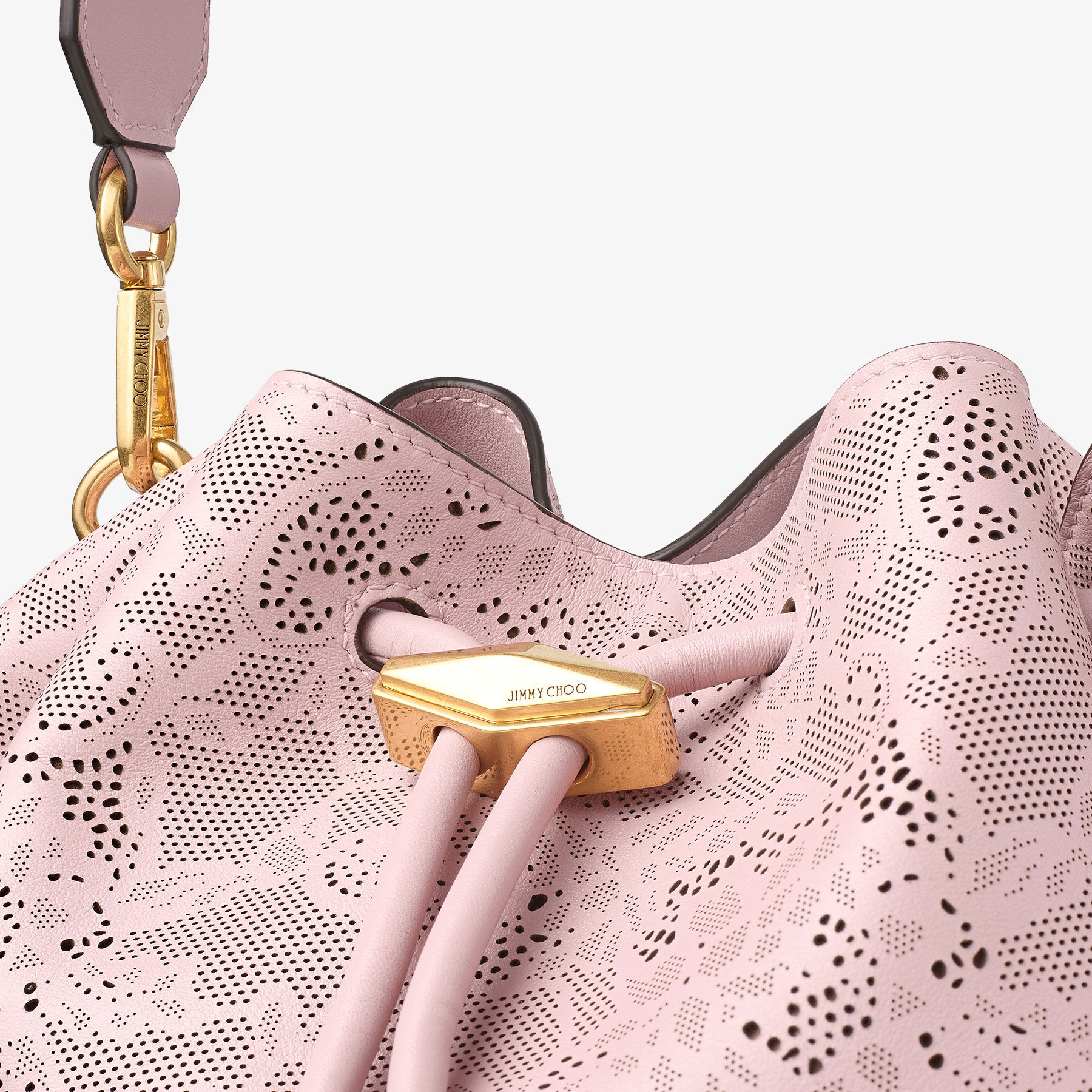 Cinch Medium | Rose Jimmy Choo Perforated Leather Lace Bucket Bag