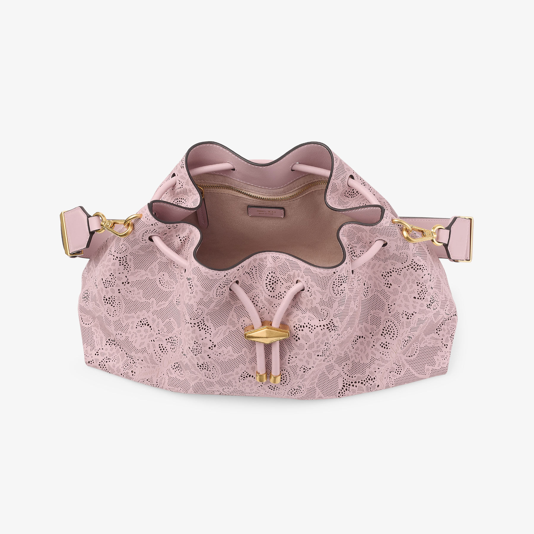 Cinch Medium | Rose Jimmy Choo Perforated Leather Lace Bucket Bag
