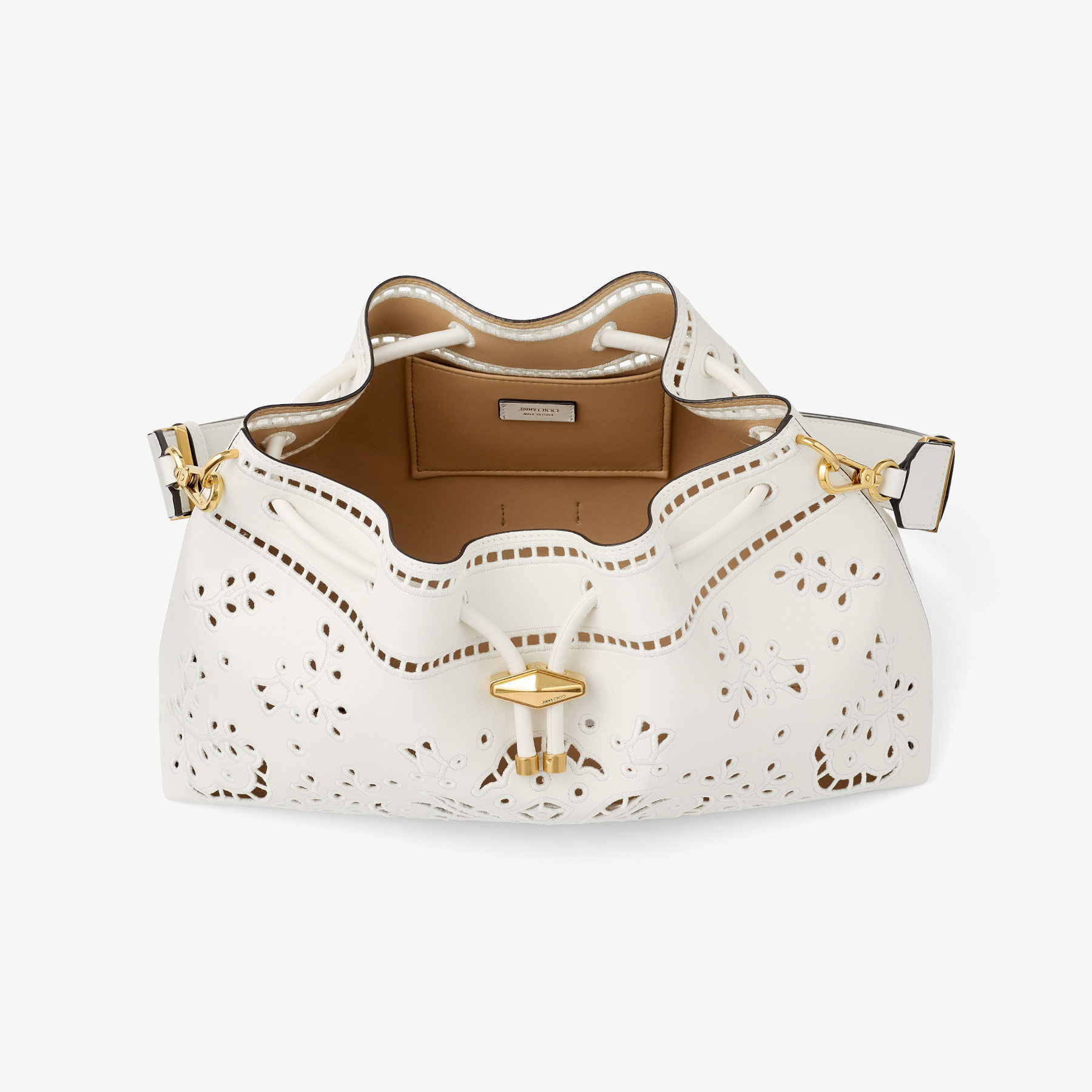 Cinch Medium | Sangallo 刺绣细节拿铁色光面小牛皮单肩包| JIMMY CHOO