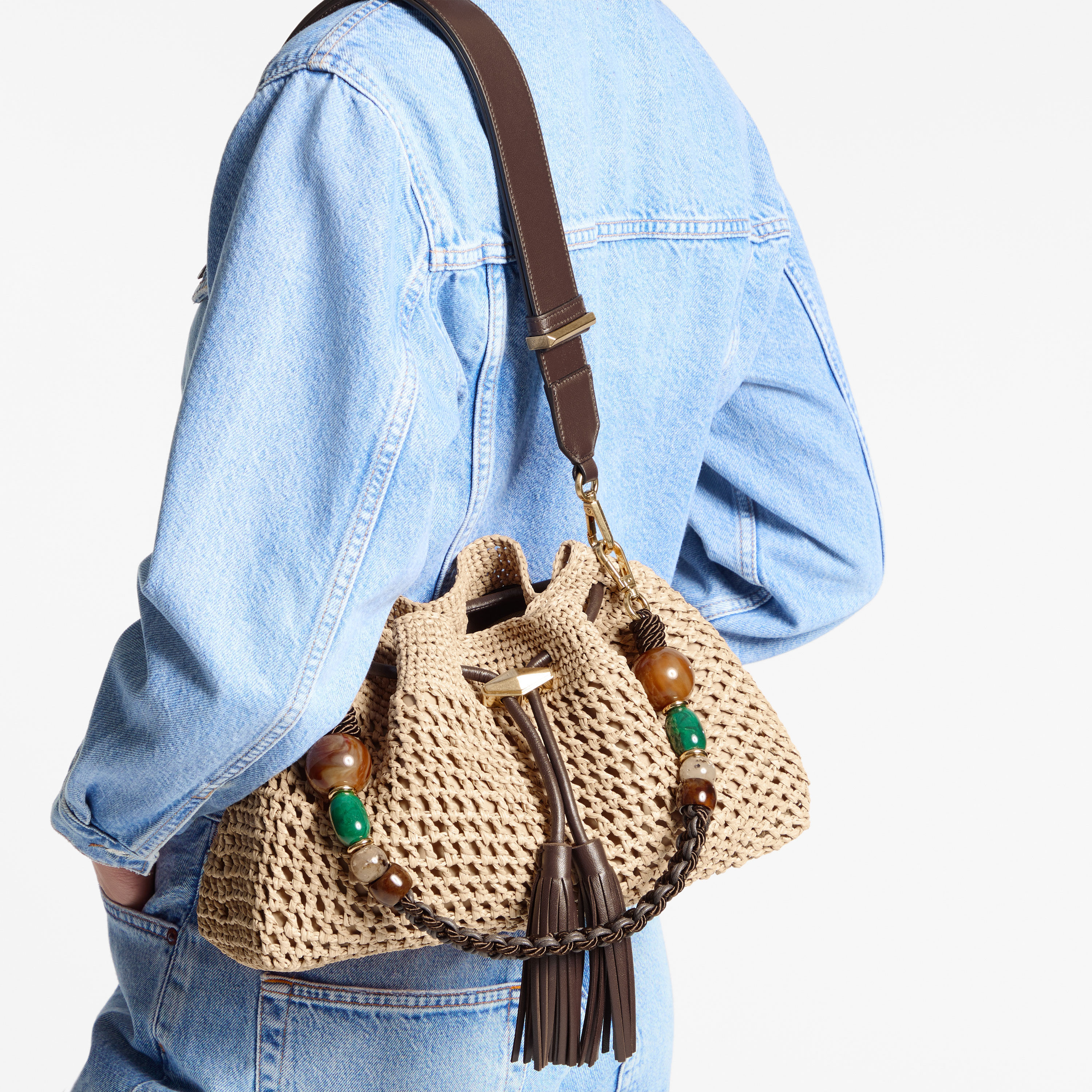 Cinch Moyen | Sac à bandoulière en raphia crocheté naturel et cuir