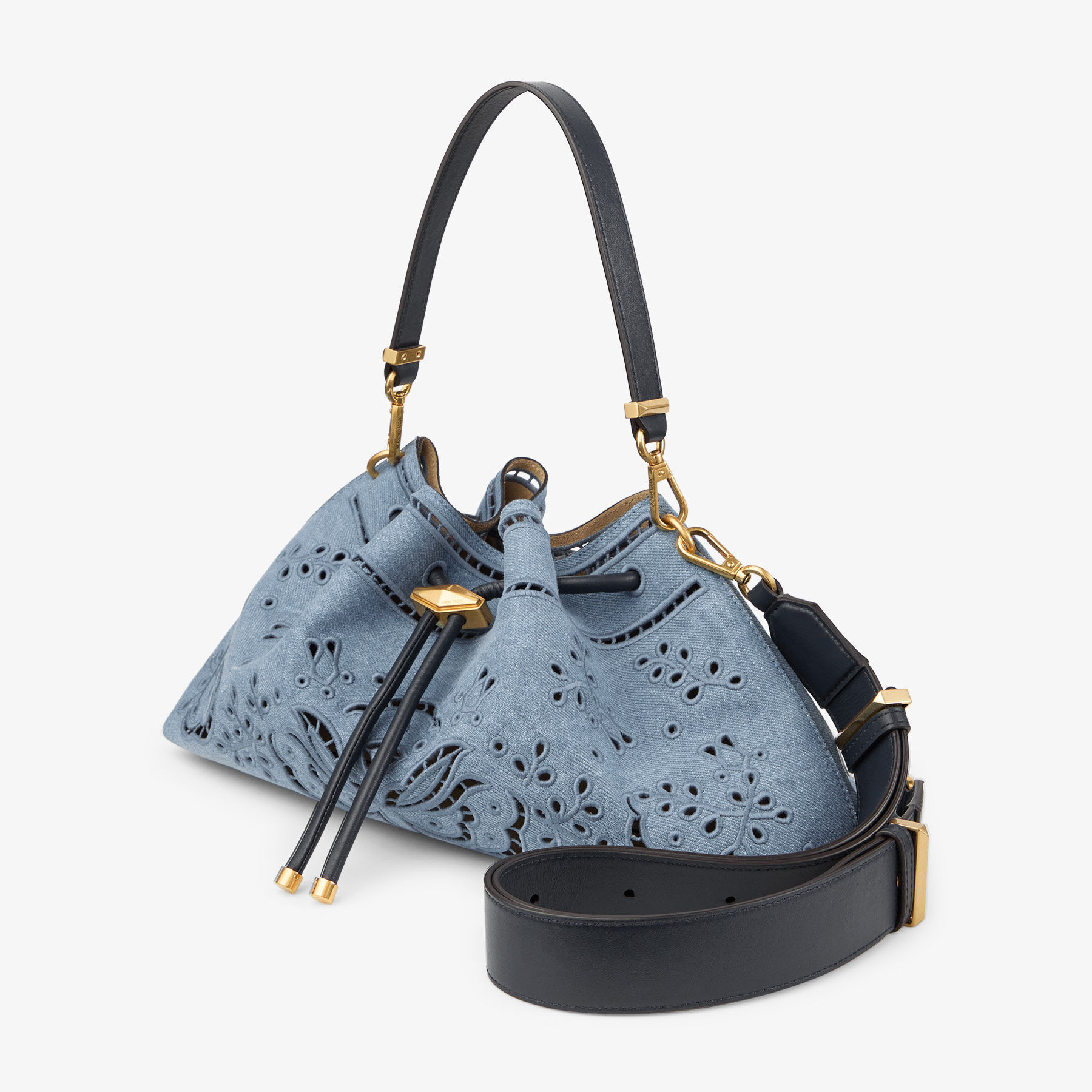 Cinch M | Borsa a spalla in denim con ricamo Sangallo | JIMMY CHOO