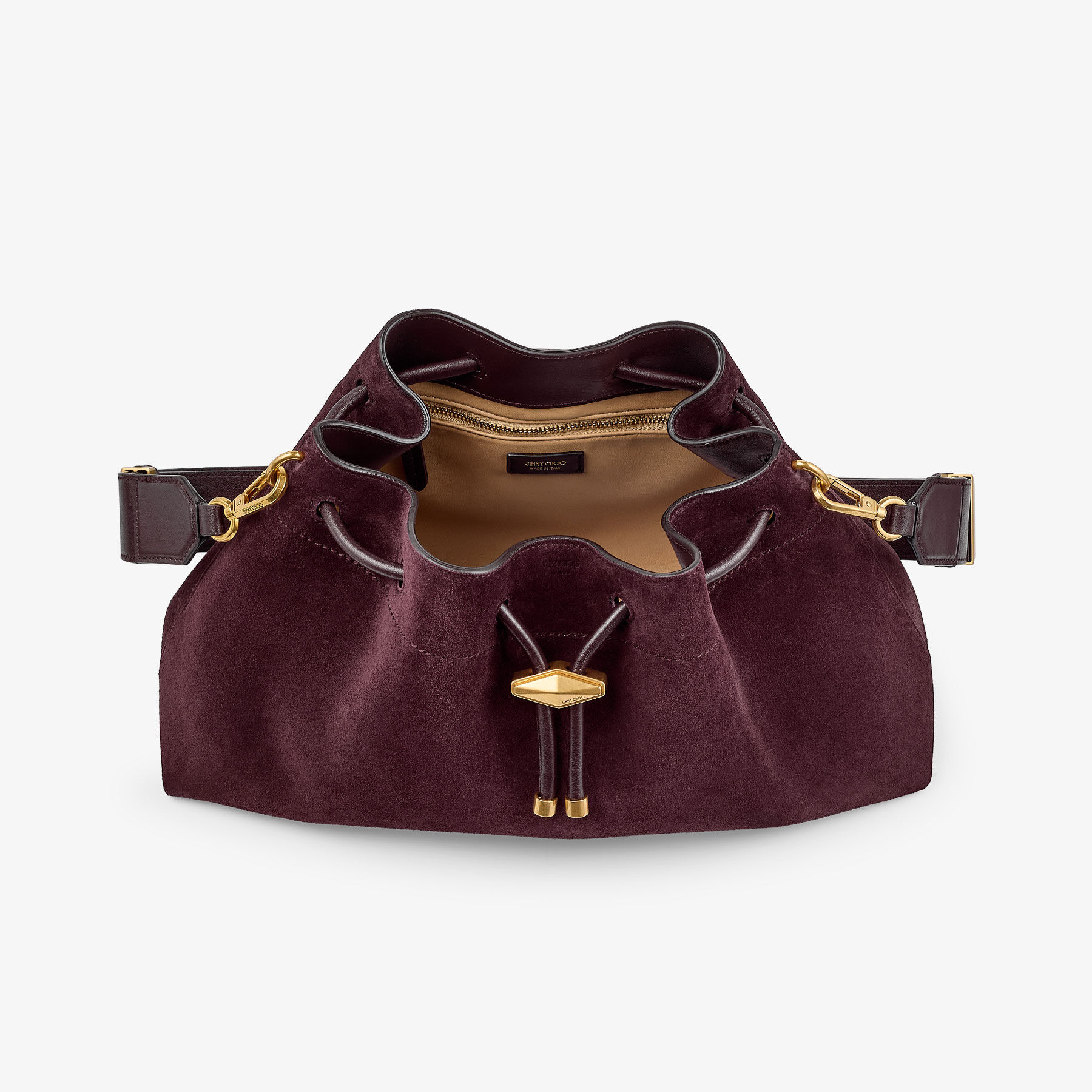 Cinch Medium | Deep Merlot Suede Bucket Bag | JIMMY CHOO
