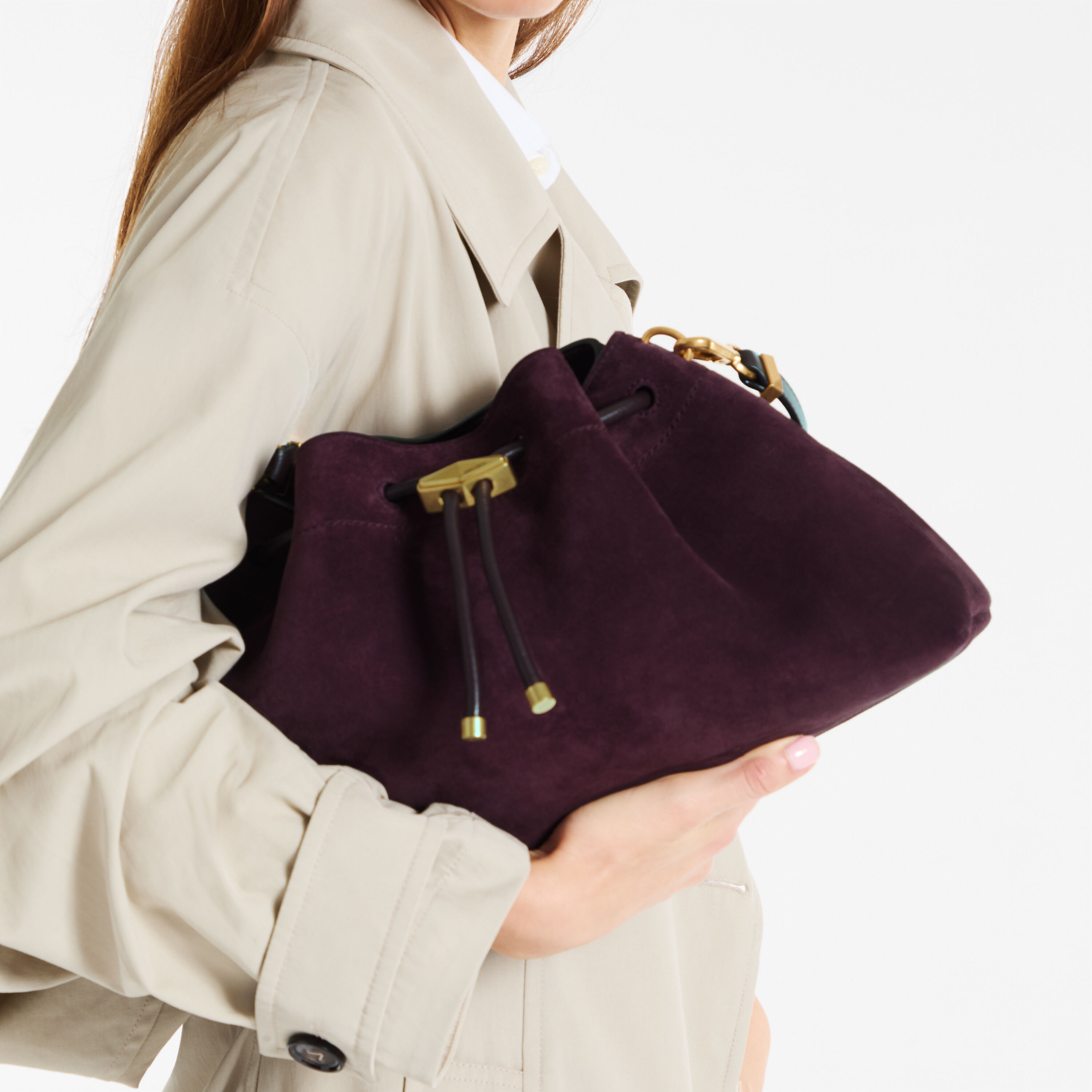 Cinch Medium | Deep Merlot Suede Bucket Bag | JIMMY CHOO