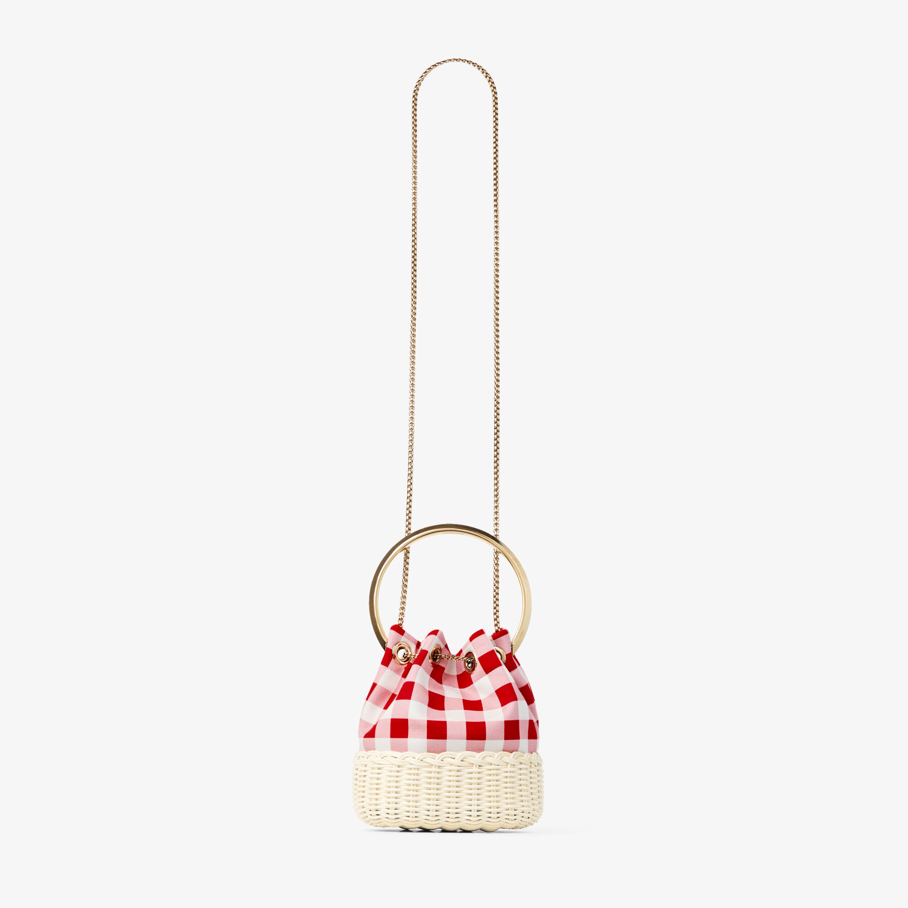 Bon Bon | Ruby Red Gingham Cotton Fabric and Wicker Bucket Bag
