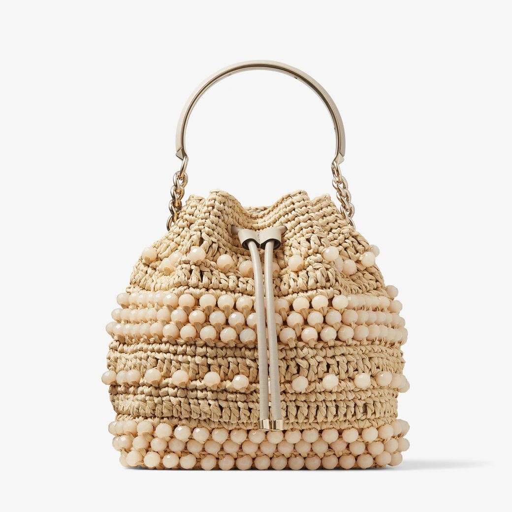 Bon Bon Bucket | Natural Beaded Raffia and Smooth Leather