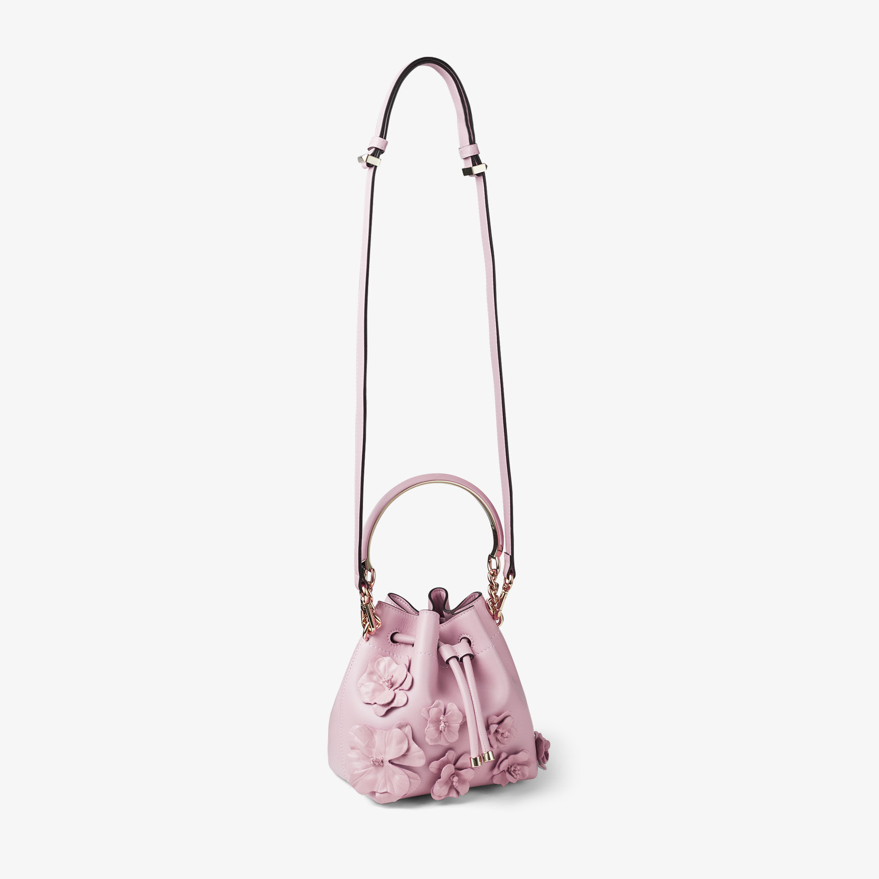 JIMMY CHOO Bon Bon Bucket S フラワー ミニバケットバッグ Bon Bon Bucket S | Rose Calf Leather Mini Bucket Bag with