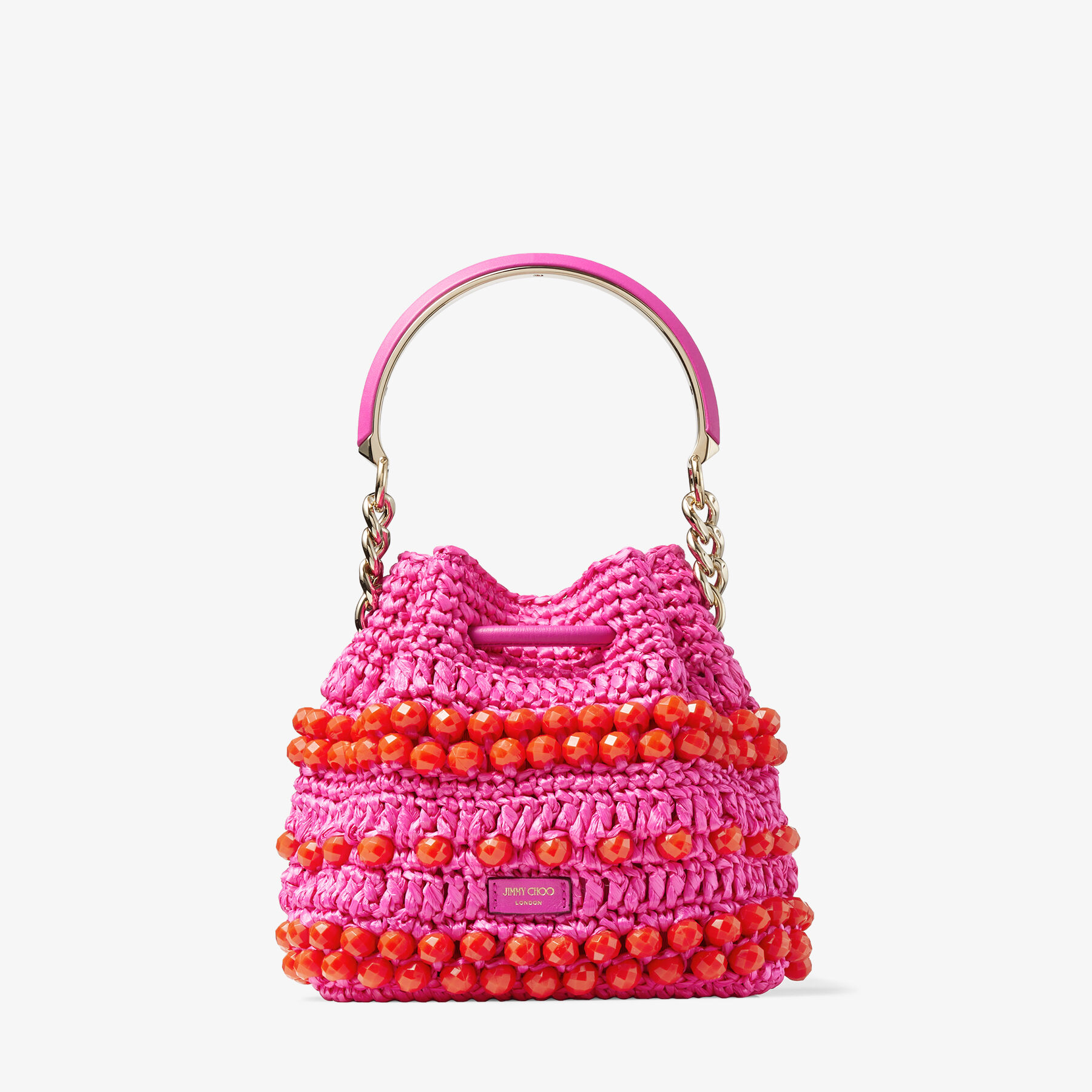 BON BON BUCKET/S | Fuchsia Beaded Raffia and Smooth Leather