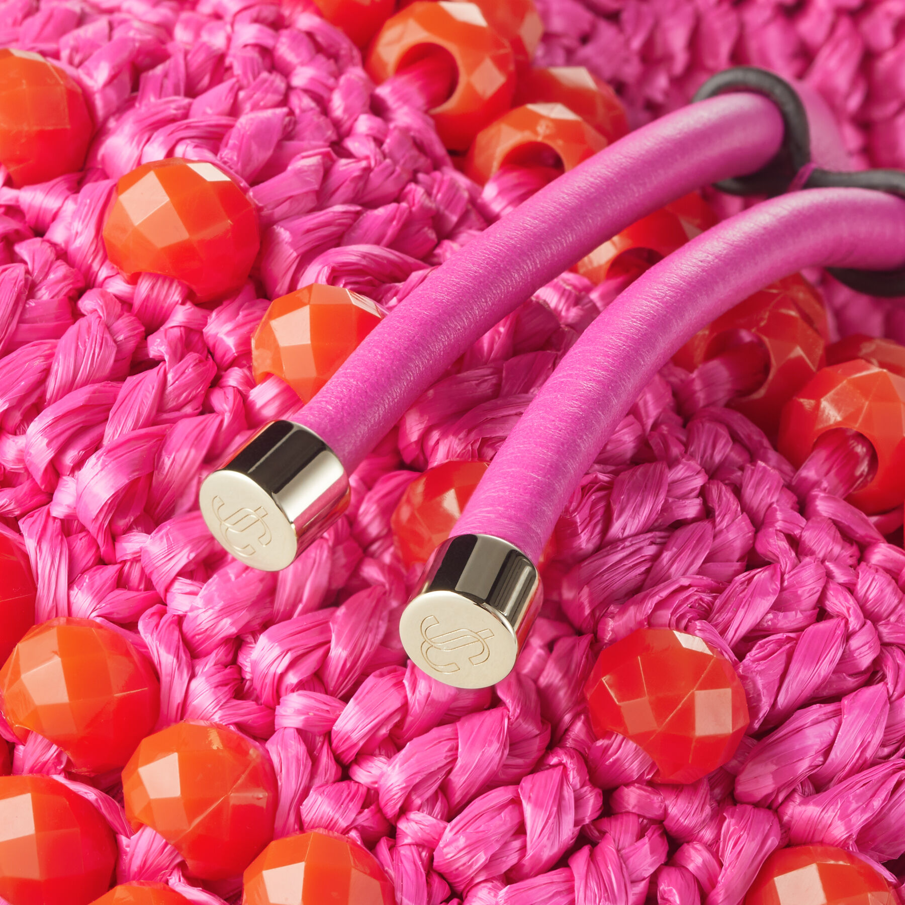 BON BON BUCKET/S | Fuchsia Beaded Raffia and Smooth Leather