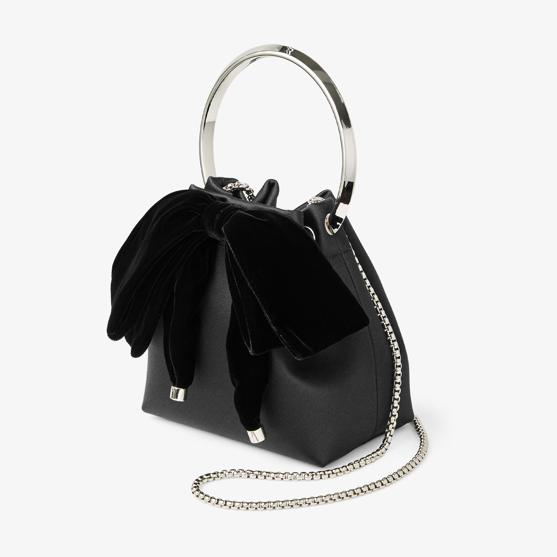 Bon Bon | Black Satin Bucket Bag with Velvet Bow | JIMMY CHOO
