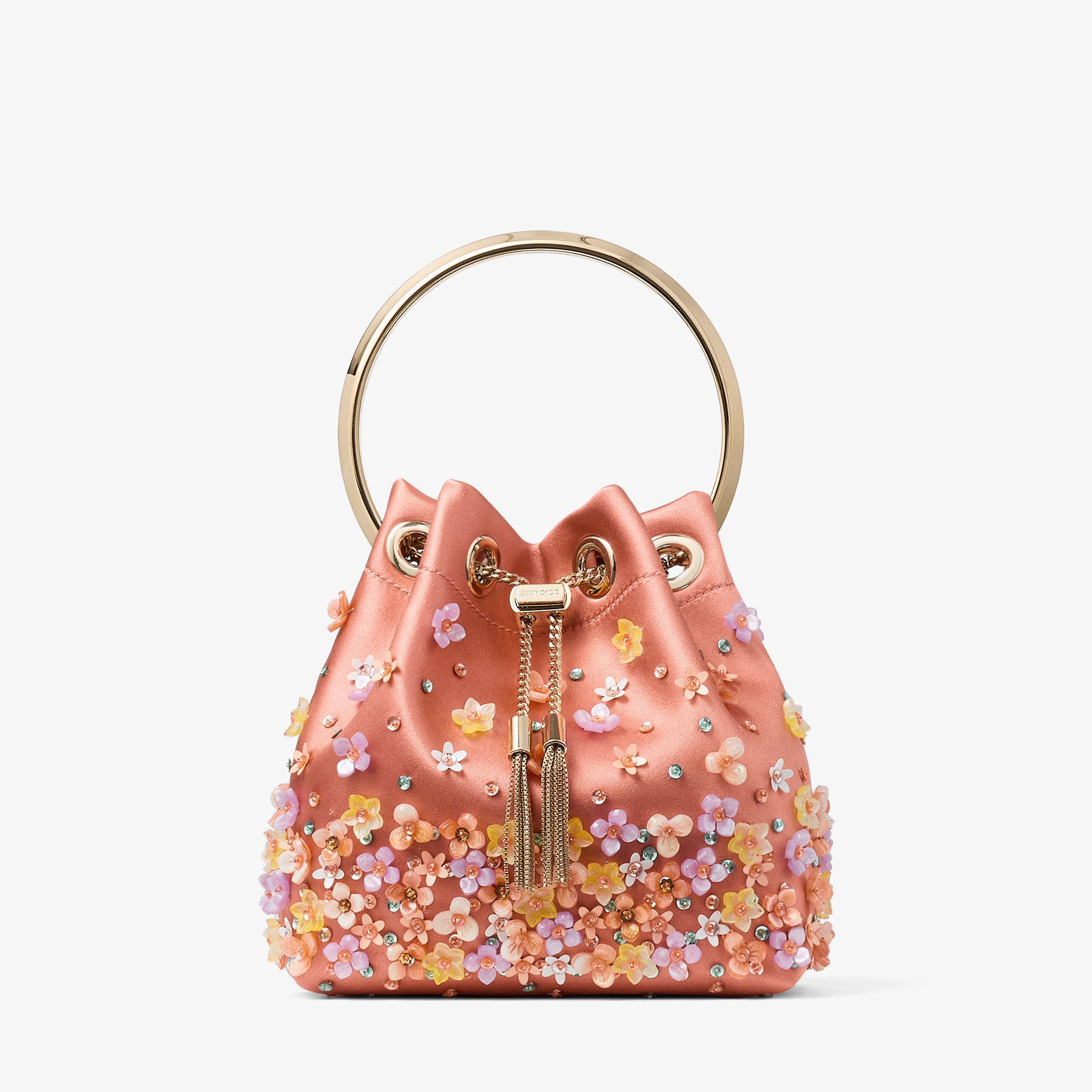 Bon Bon | Grapefruit Satin Bucket Bag with Degradé Daisies | JIMMY