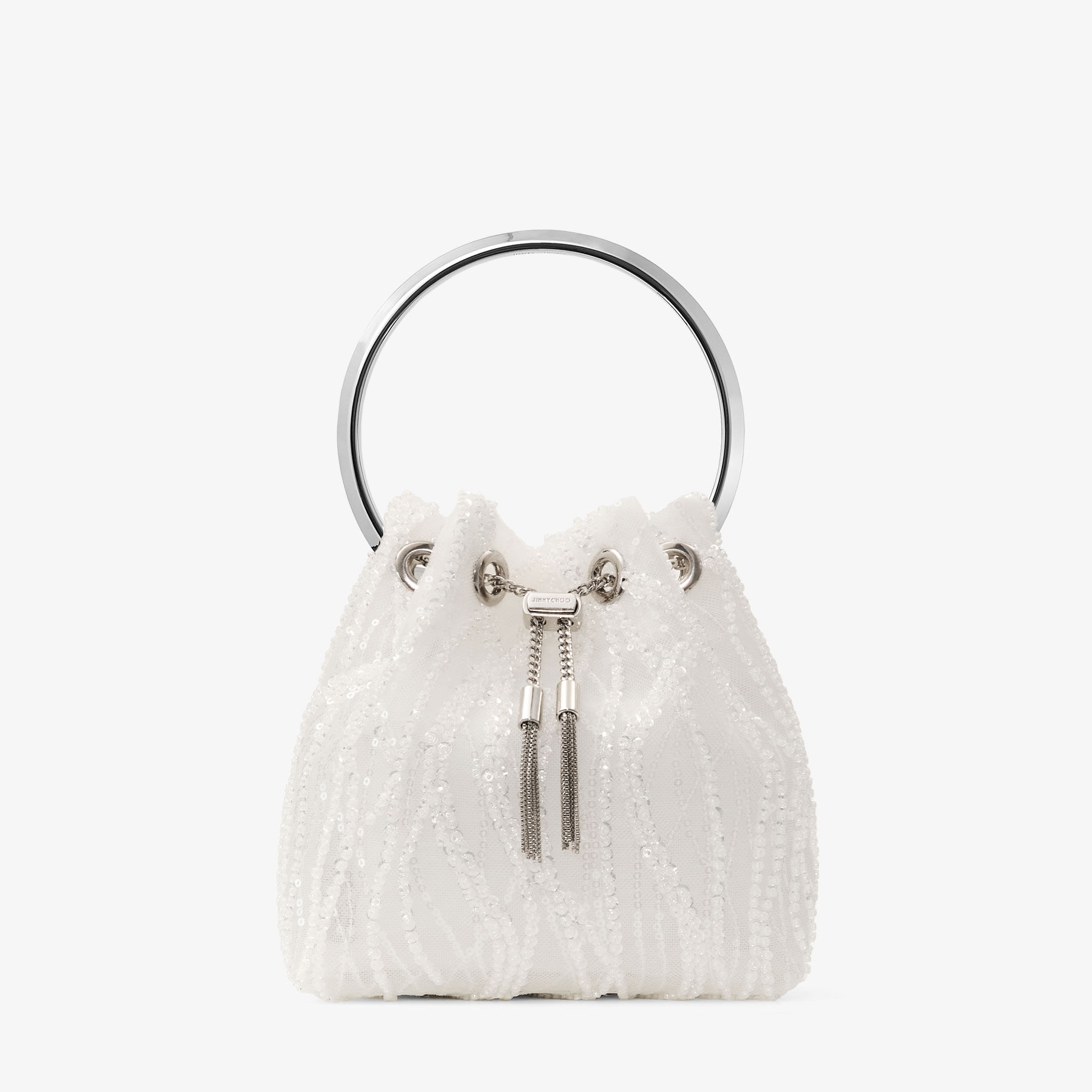 Bon Bon | Ivory Mesh Bucket Bag with Sequins and Bead Embroidery