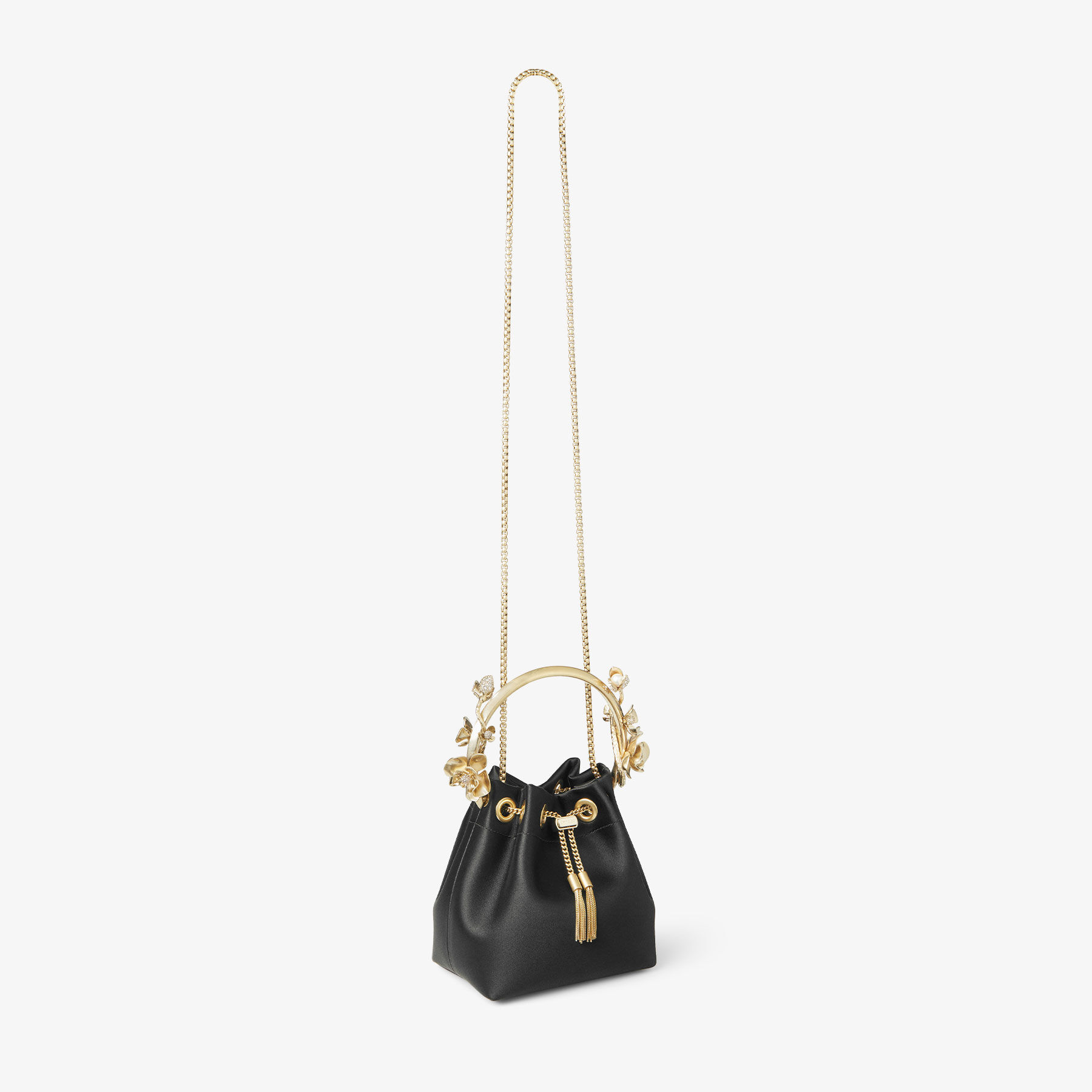 Bon Bon | Black Satin Bucket Bag with Metal Flowers | JIMMY CHOO