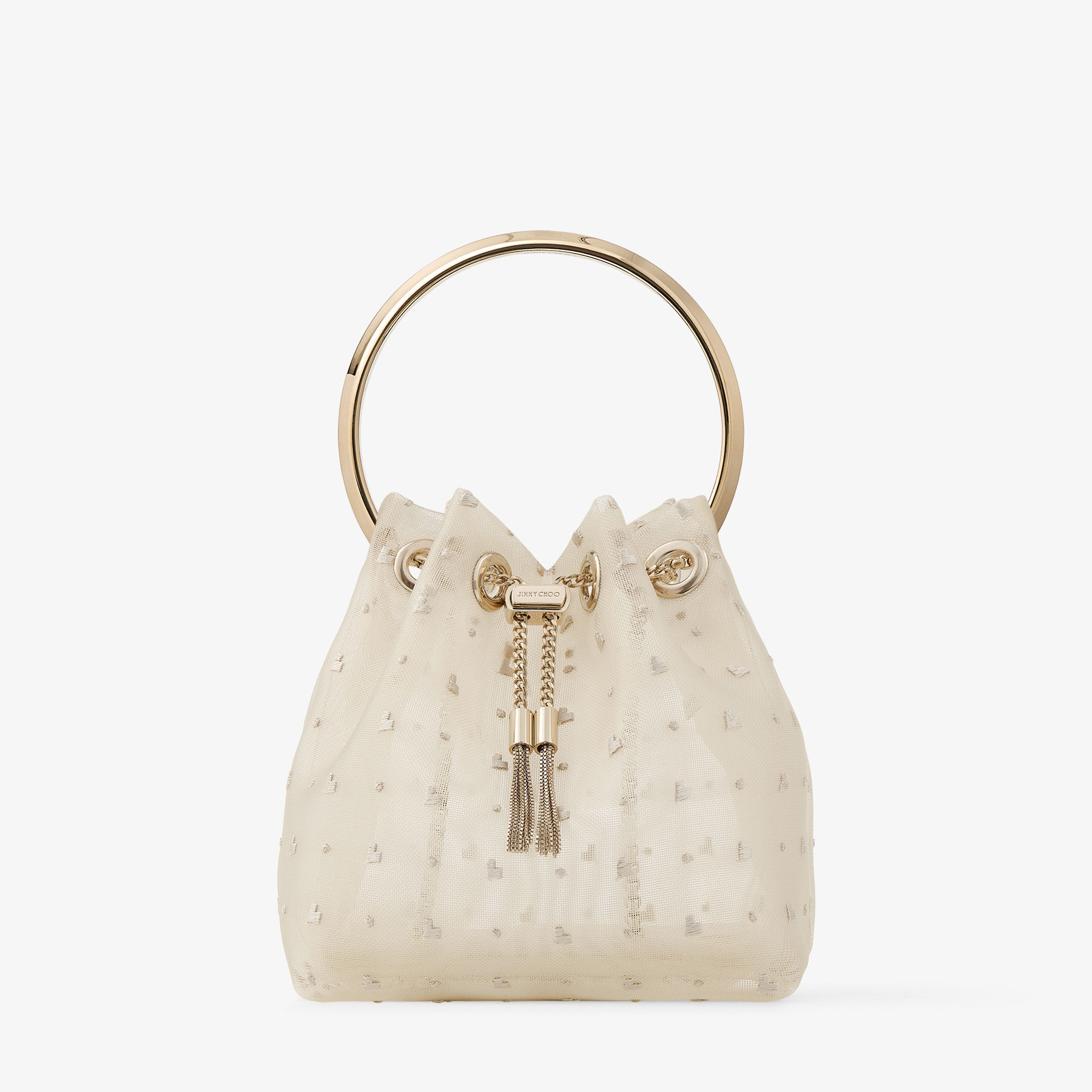 Bon Bon Latte Polka Dot Heart Mesh Bucket Bag JIMMY CHOO